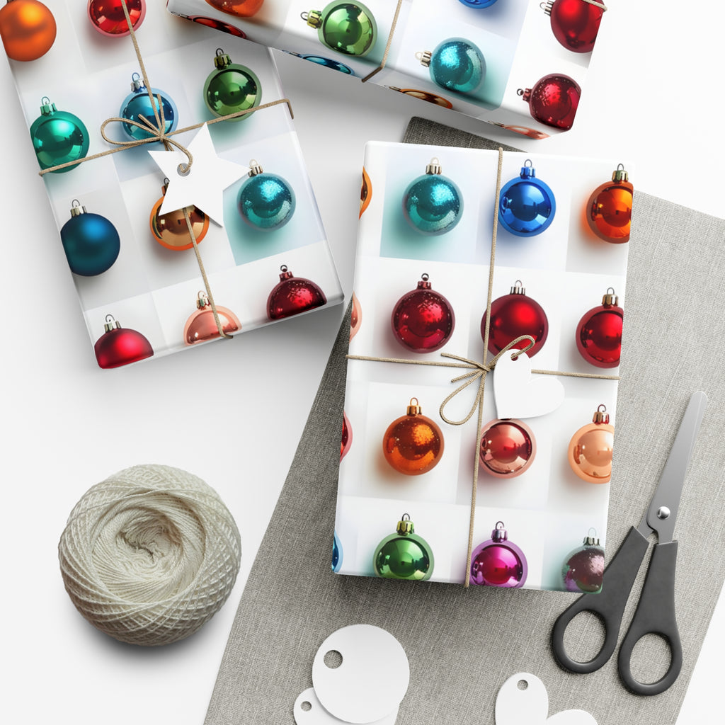 Wrapping Paper, Vibrant Christmas Ornaments On White Background - Gift Wrap Rolls, Eco-Friendly Gift Wrap, Holiday