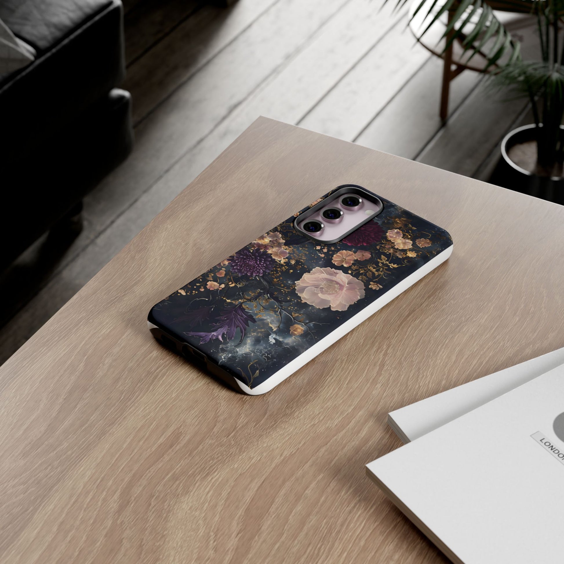 Phone Case, Whimsical Floral Pattern Against Cosmic Nebulous Background. Galaxy, Space, Tough Protective Cover, Unique Gift, Trendy