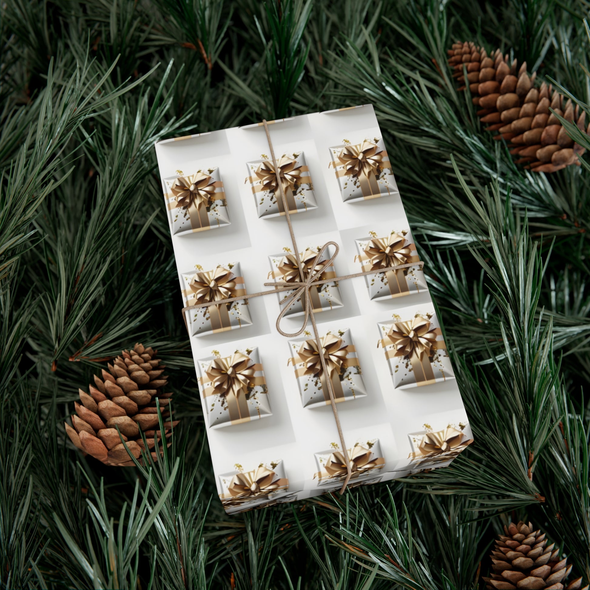 Wrapping Paper, Elegantly Wrapped Gifts On White Background with Gold Bows, Christmas Wrapping, Gift Packaging, Festive Decor, Holiday Gift