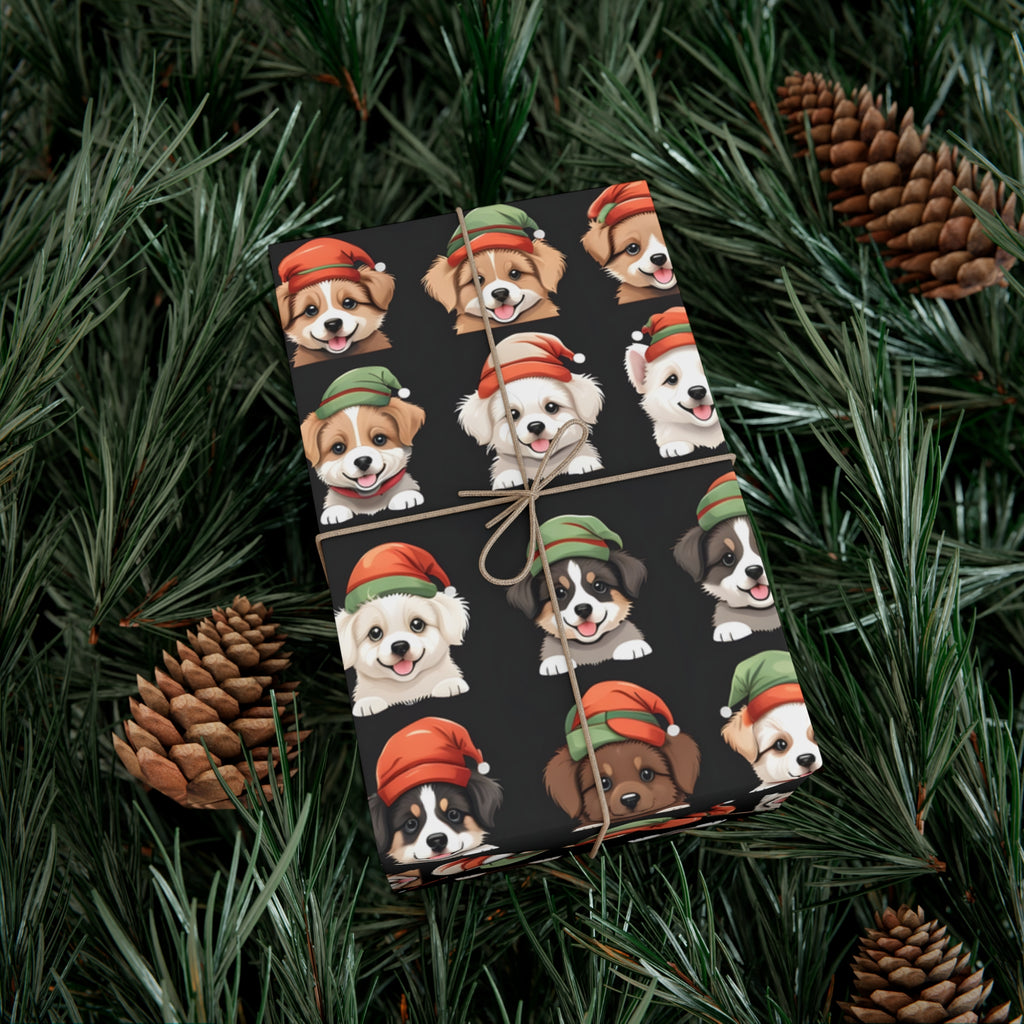 Cute Puppies Elf Caps Gift Wrap Papers - Festive Christmas Wrapping Paper Roll, Holiday Gift Packaging, Adorable Dog Lover Gift Wrap, Pet