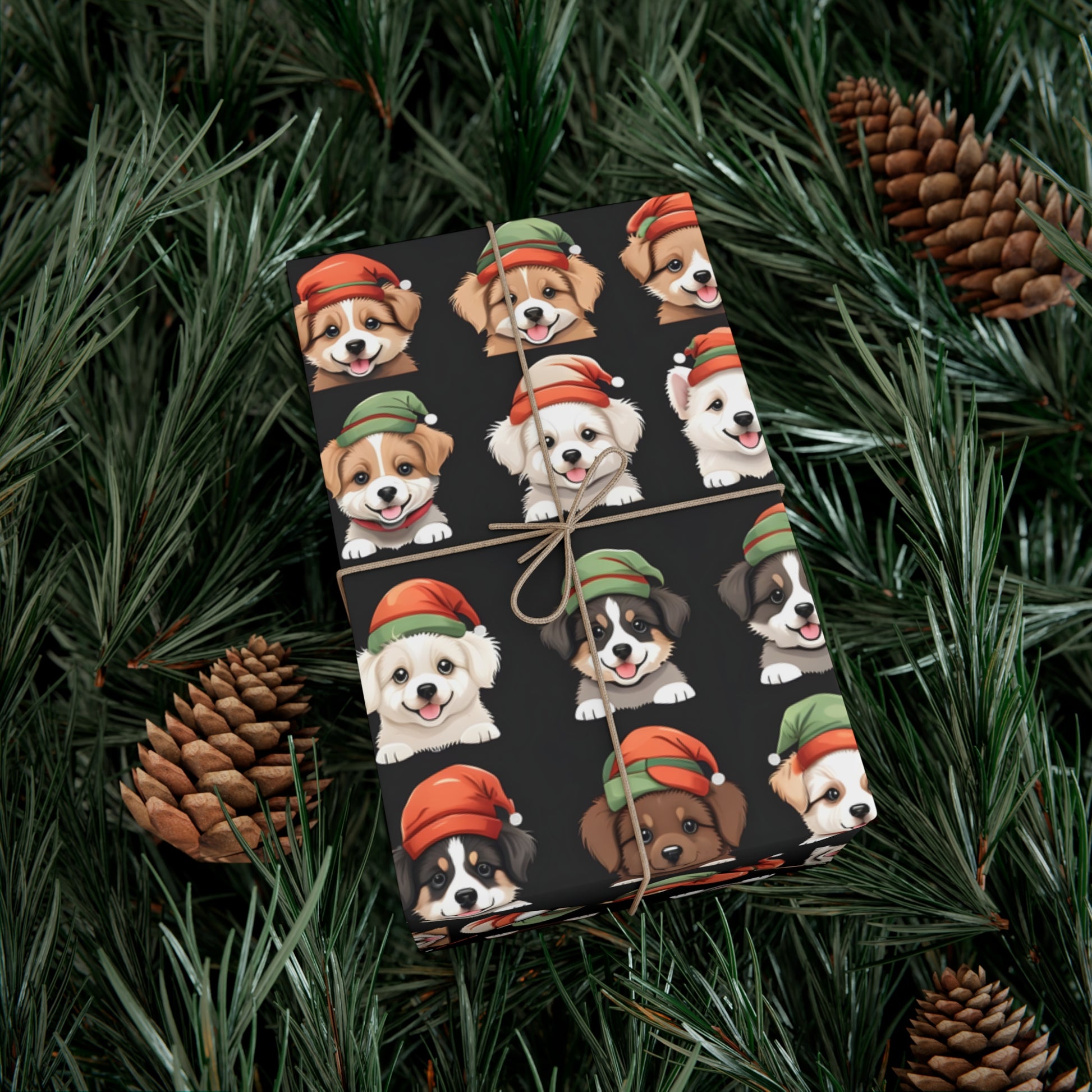 Cute Puppies Elf Caps Gift Wrap Papers - Festive Christmas Wrapping Paper Roll, Holiday Gift Packaging, Adorable Dog Lover Gift Wrap, Pet