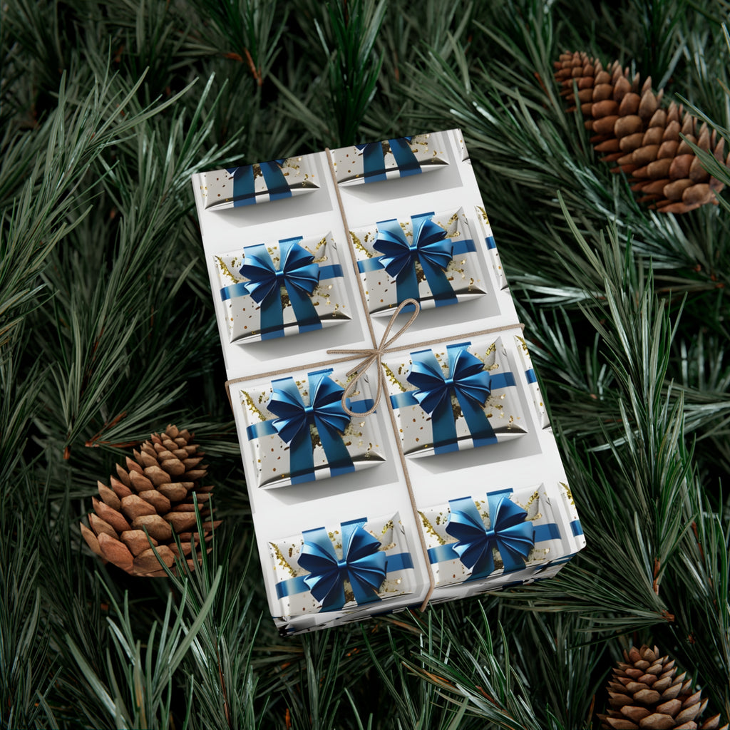 Wrapping Paper, Elegantly Wrapped Gifts On White Background with Blue Bows, Christmas Wrapping, Gift Packaging, Festive Decor, Holiday Gift