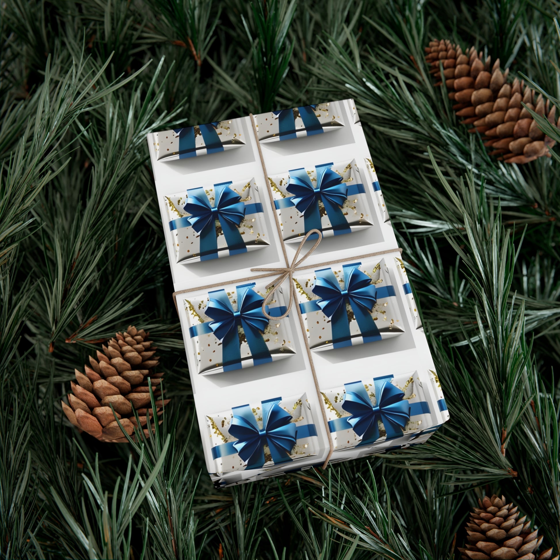 Wrapping Paper, Elegantly Wrapped Gifts On White Background with Blue Bows, Christmas Wrapping, Gift Packaging, Festive Decor, Holiday Gift