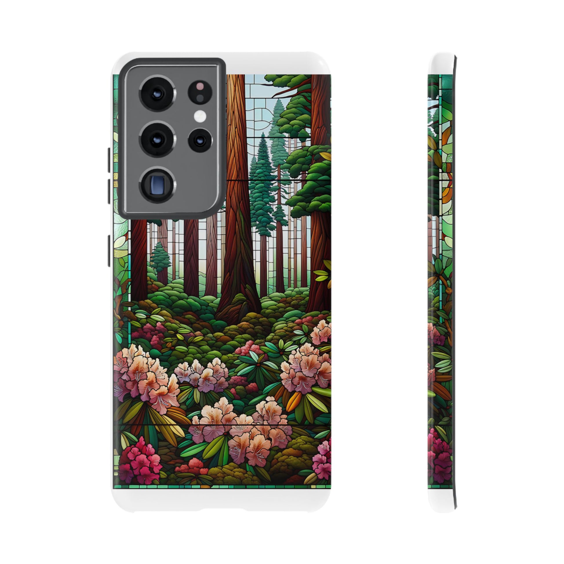 Nature Inspired Tough Cases - Redwood Trees & Rhododendrons Stained Glass iPhone Cover, Protective Phone Shell, Unique Samsung Galaxy Case,