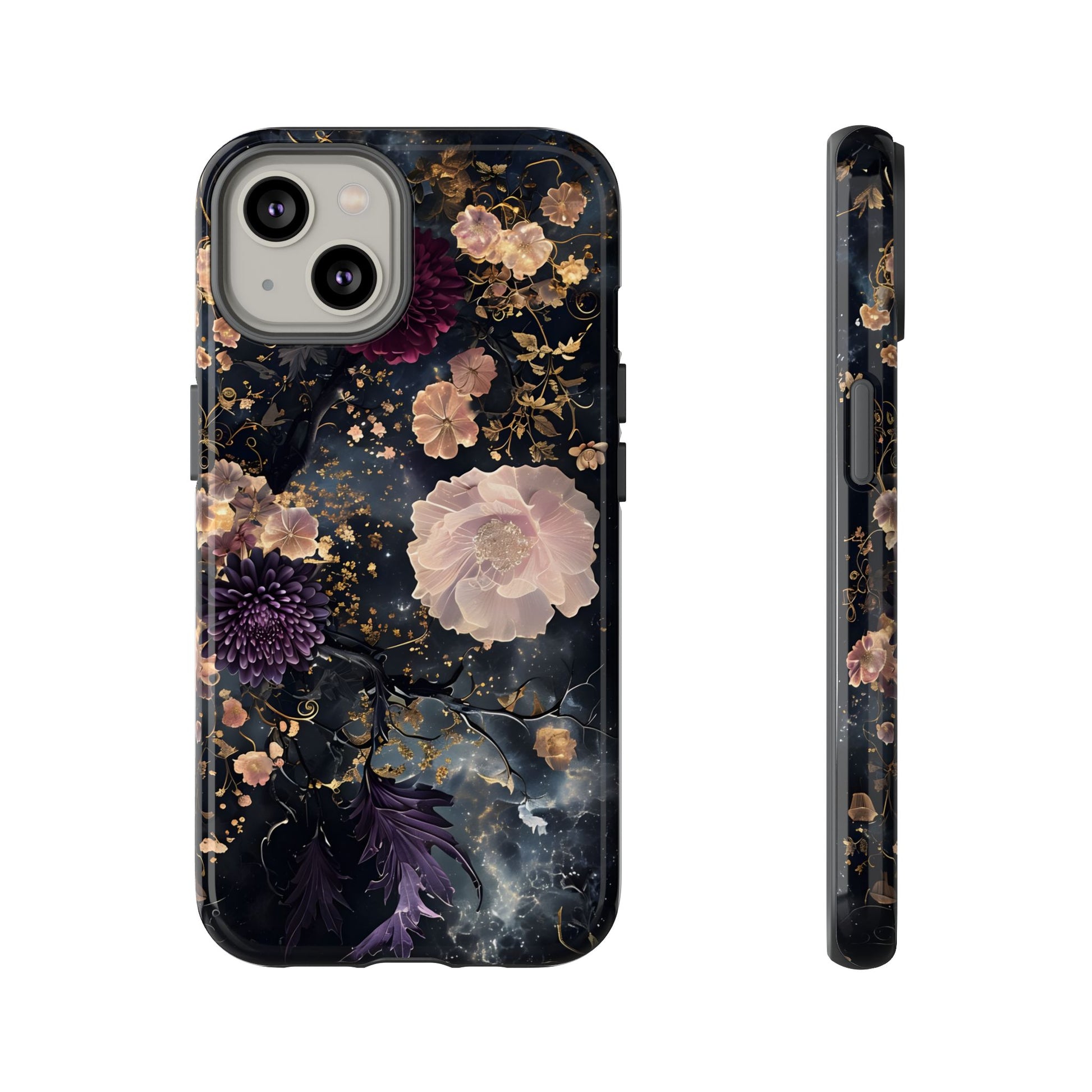 Phone Case, Whimsical Floral Pattern Against Cosmic Nebulous Background. Galaxy, Space, Tough Protective Cover, Unique Gift, Trendy