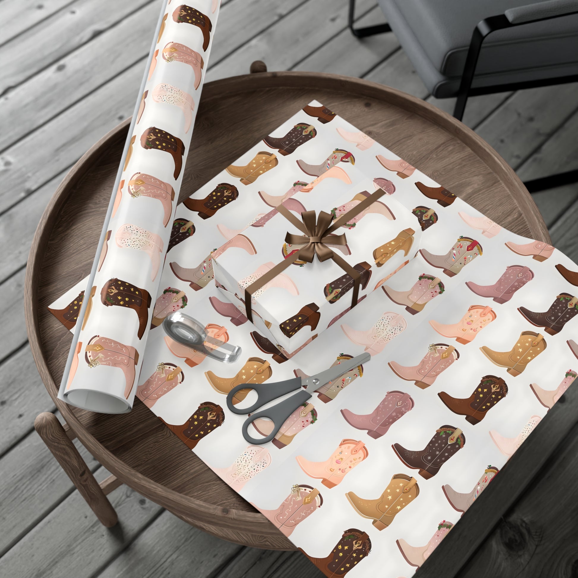 Wrapping Paper, Colorful Cowboy Boots Displaying Festive Holiday Designs, Christmas Wrapping, Gift Packaging, Festive Decor, Holiday Gift