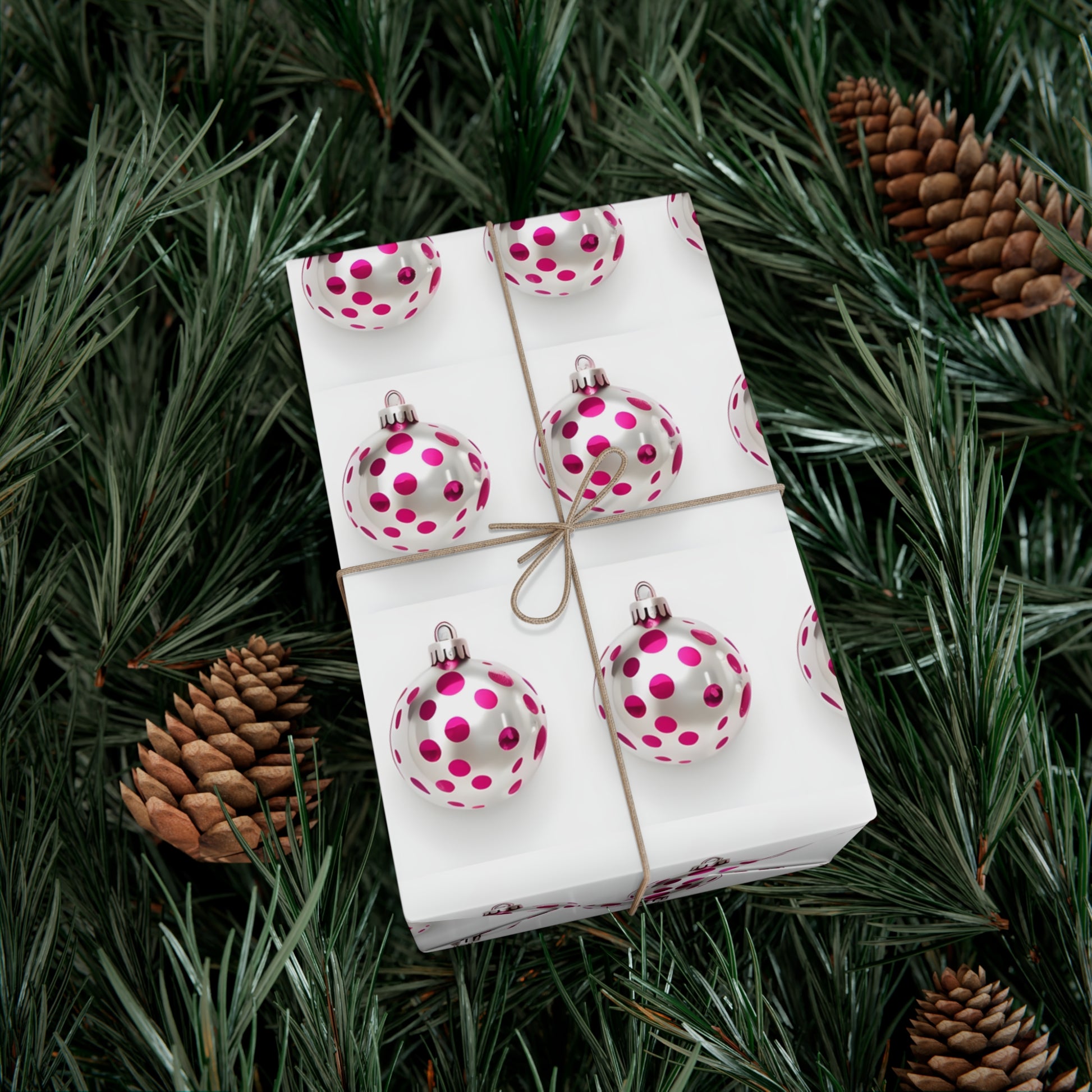 Wrapping Paper, Hot Pink Polka Dot Christmas Ornaments On White Background - Gift Wrap Rolls, Eco-Friendly Gift Wrap, Holiday