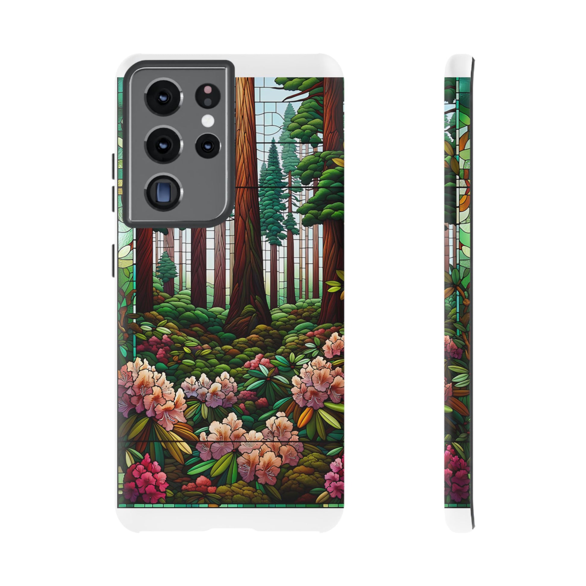 Nature Inspired Tough Cases - Redwood Trees & Rhododendrons Stained Glass iPhone Cover, Protective Phone Shell, Unique Samsung Galaxy Case,