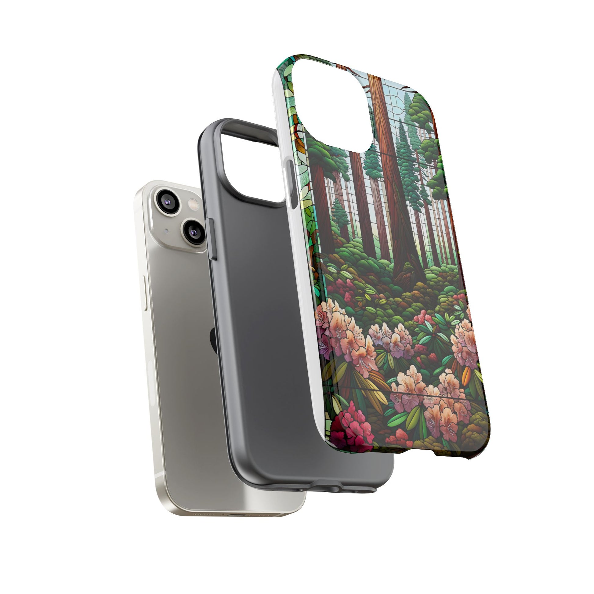 Nature Inspired Tough Cases - Redwood Trees & Rhododendrons Stained Glass iPhone Cover, Protective Phone Shell, Unique Samsung Galaxy Case,