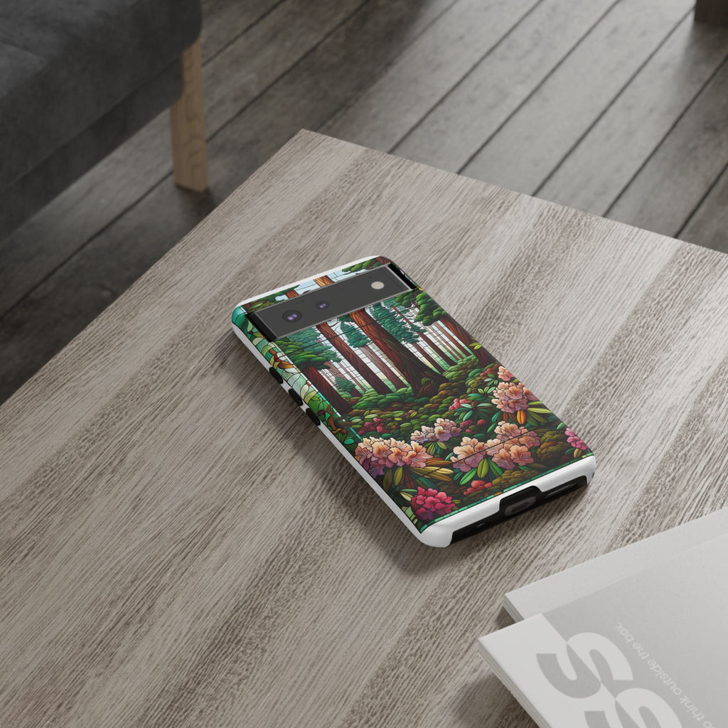 Nature Inspired Tough Cases - Redwood Trees & Rhododendrons Stained Glass iPhone Cover, Protective Phone Shell, Unique Samsung Galaxy Case,
