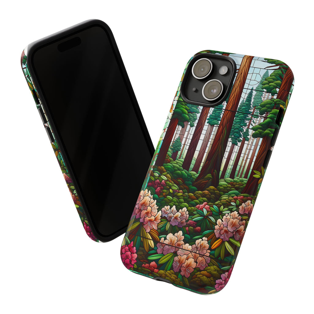 Nature Inspired Tough Cases - Redwood Trees & Rhododendrons Stained Glass iPhone Cover, Protective Phone Shell, Unique Samsung Galaxy Case,