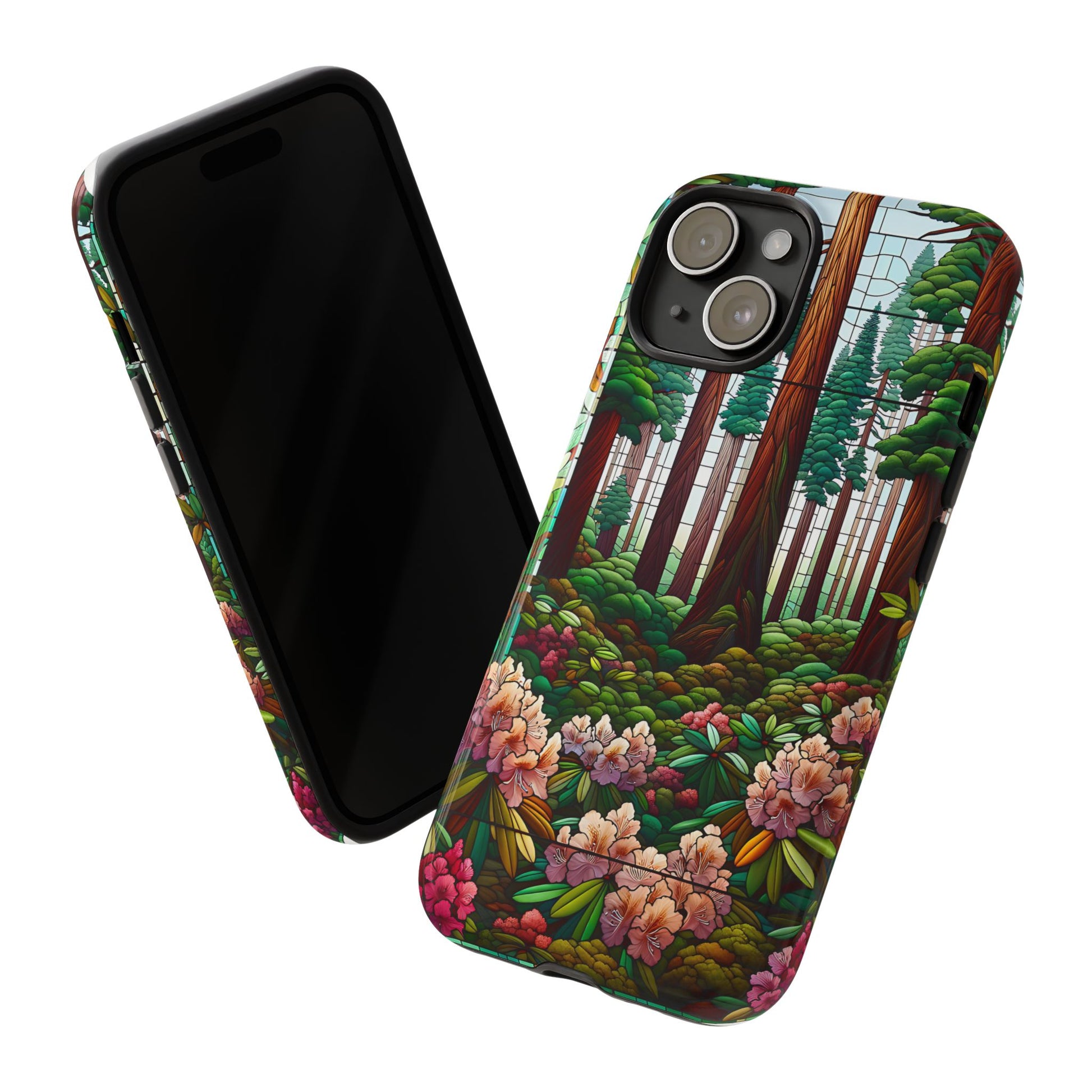 Nature Inspired Tough Cases - Redwood Trees & Rhododendrons Stained Glass iPhone Cover, Protective Phone Shell, Unique Samsung Galaxy Case,