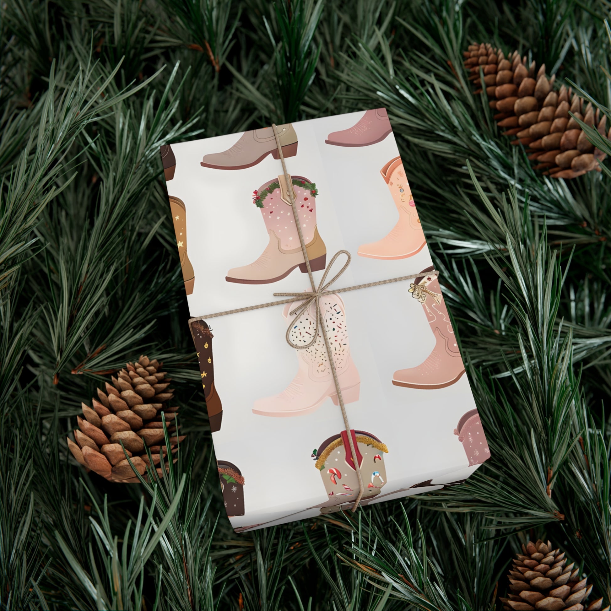 Wrapping Paper, Colorful Cowboy Boots Displaying Festive Holiday Designs, Christmas Wrapping, Gift Packaging, Festive Decor, Holiday Gift