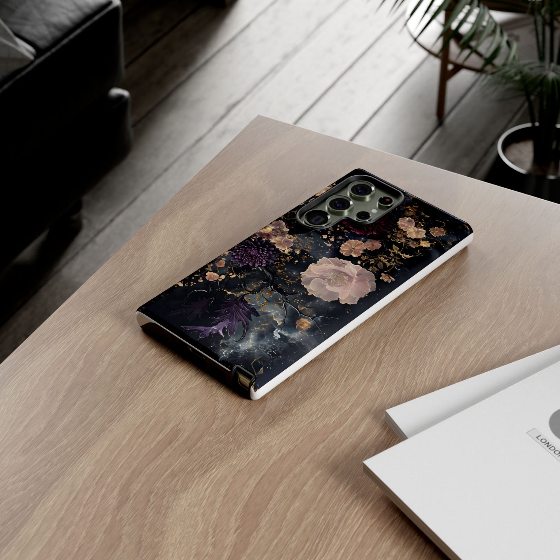 Phone Case, Whimsical Floral Pattern Against Cosmic Nebulous Background. Galaxy, Space, Tough Protective Cover, Unique Gift, Trendy
