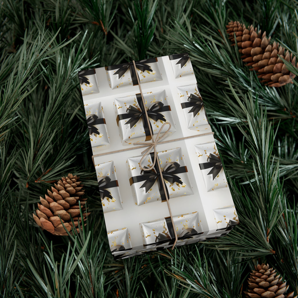 Wrapping Paper, Elegantly Wrapped Gifts On White Background with Black Bows - Gift Wrap Rolls, Eco-Friendly Gift Wrap, Holiday