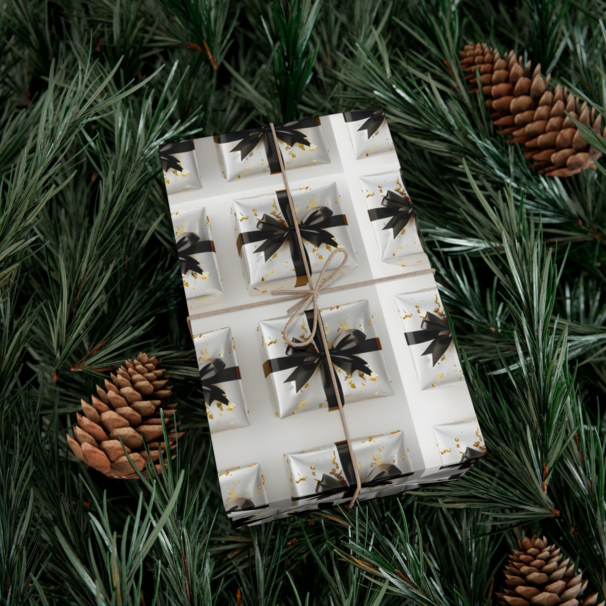 Wrapping Paper, Elegantly Wrapped Gifts On White Background with Black Bows - Gift Wrap Rolls, Eco-Friendly Gift Wrap, Holiday
