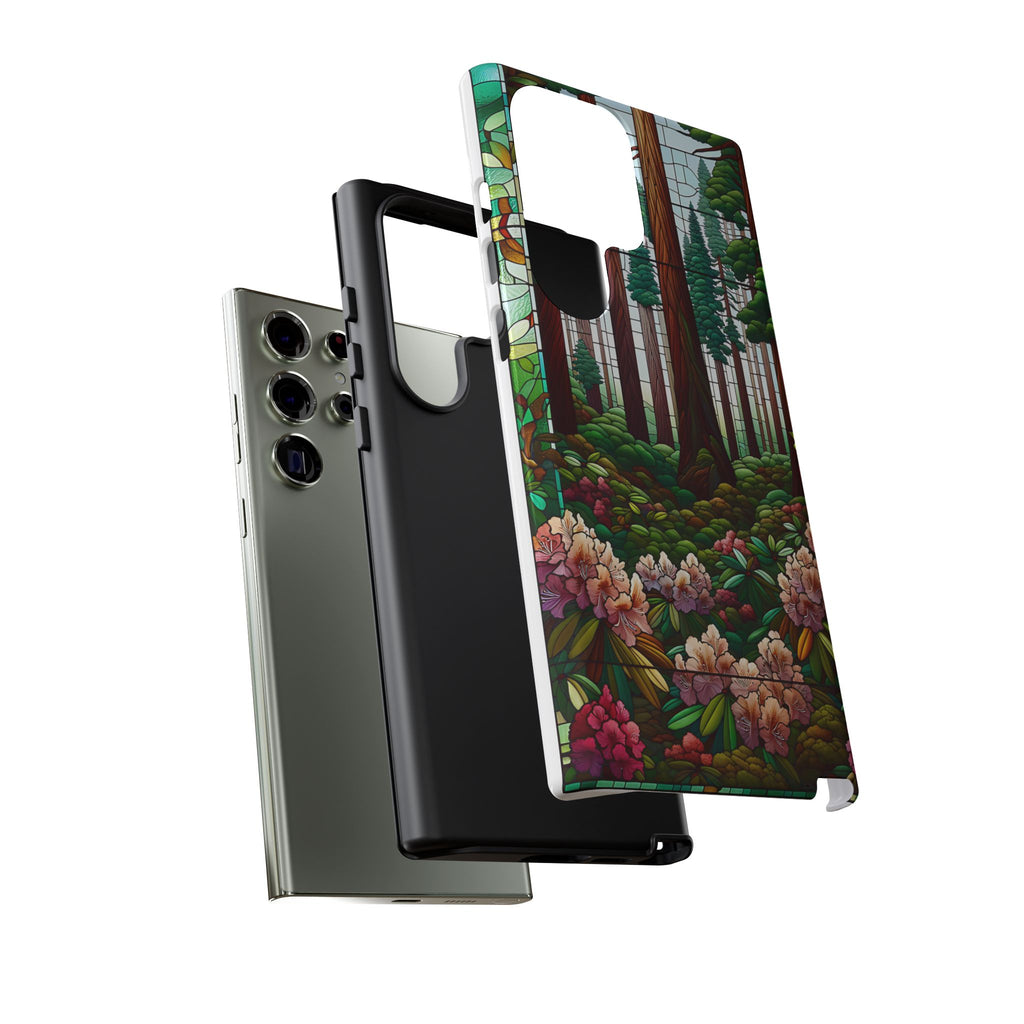 Nature Inspired Tough Cases - Redwood Trees & Rhododendrons Stained Glass iPhone Cover, Protective Phone Shell, Unique Samsung Galaxy Case,