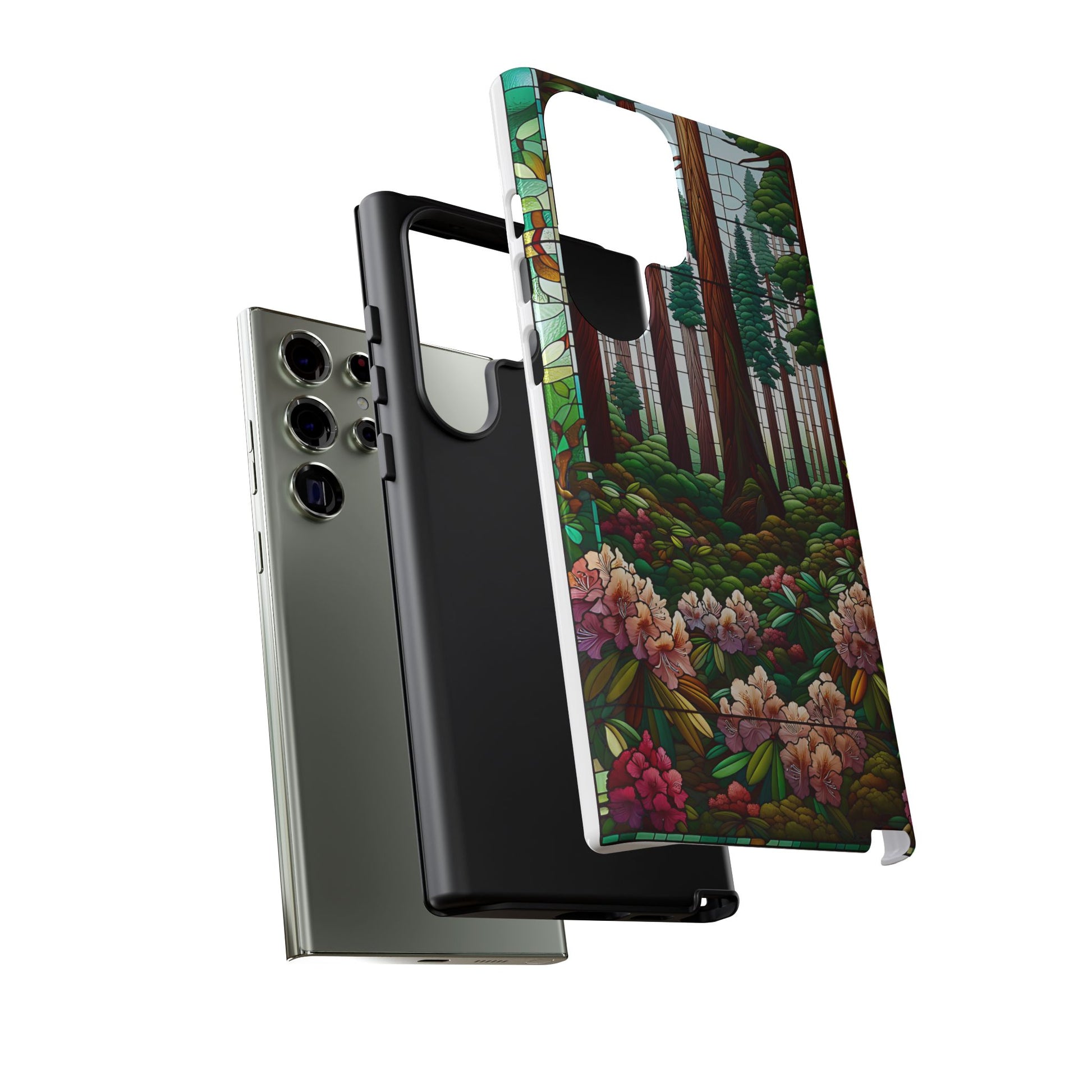 Nature Inspired Tough Cases - Redwood Trees & Rhododendrons Stained Glass iPhone Cover, Protective Phone Shell, Unique Samsung Galaxy Case,