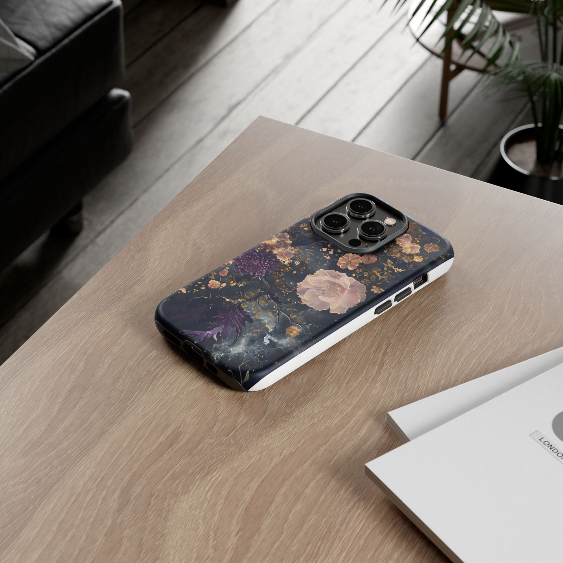 Phone Case, Whimsical Floral Pattern Against Cosmic Nebulous Background. Galaxy, Space, Tough Protective Cover, Unique Gift, Trendy