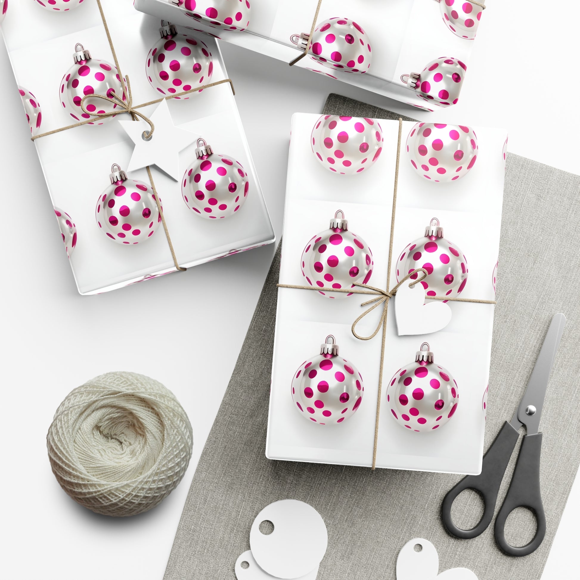 Wrapping Paper, Hot Pink Polka Dot Christmas Ornaments On White Background - Gift Wrap Rolls, Eco-Friendly Gift Wrap, Holiday