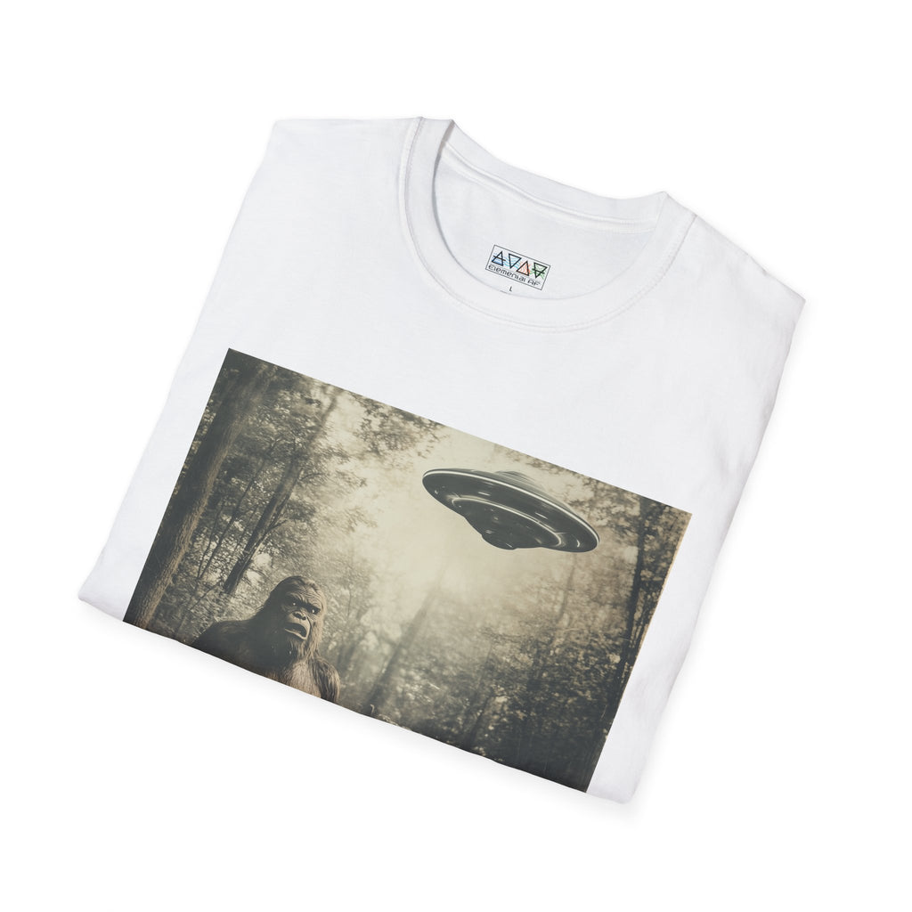 Bigfoot and UFO Unisex T-Shirt, Fun Graphic Tee for Nature Lovers, Quirky Gift for Campers, Outdoor Adventure Apparel