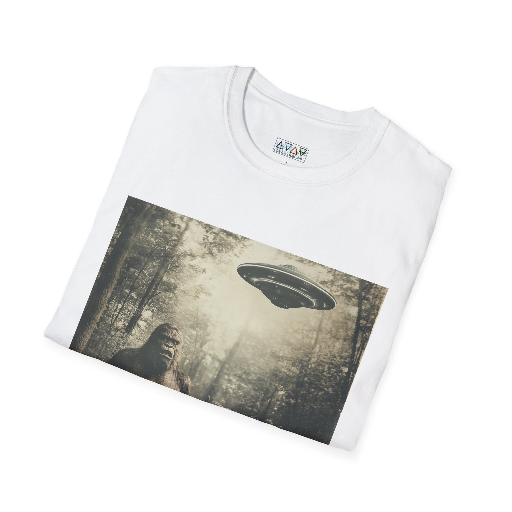 Bigfoot and UFO Unisex T-Shirt, Fun Graphic Tee for Nature Lovers, Quirky Gift for Campers, Outdoor Adventure Apparel