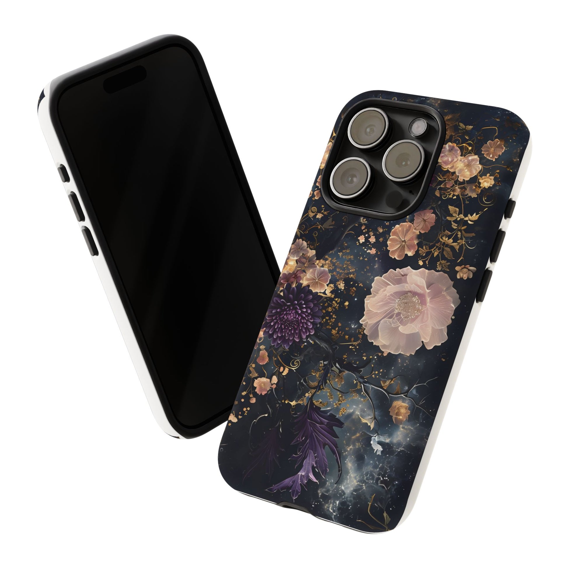 Phone Case, Whimsical Floral Pattern Against Cosmic Nebulous Background. Galaxy, Space, Tough Protective Cover, Unique Gift, Trendy