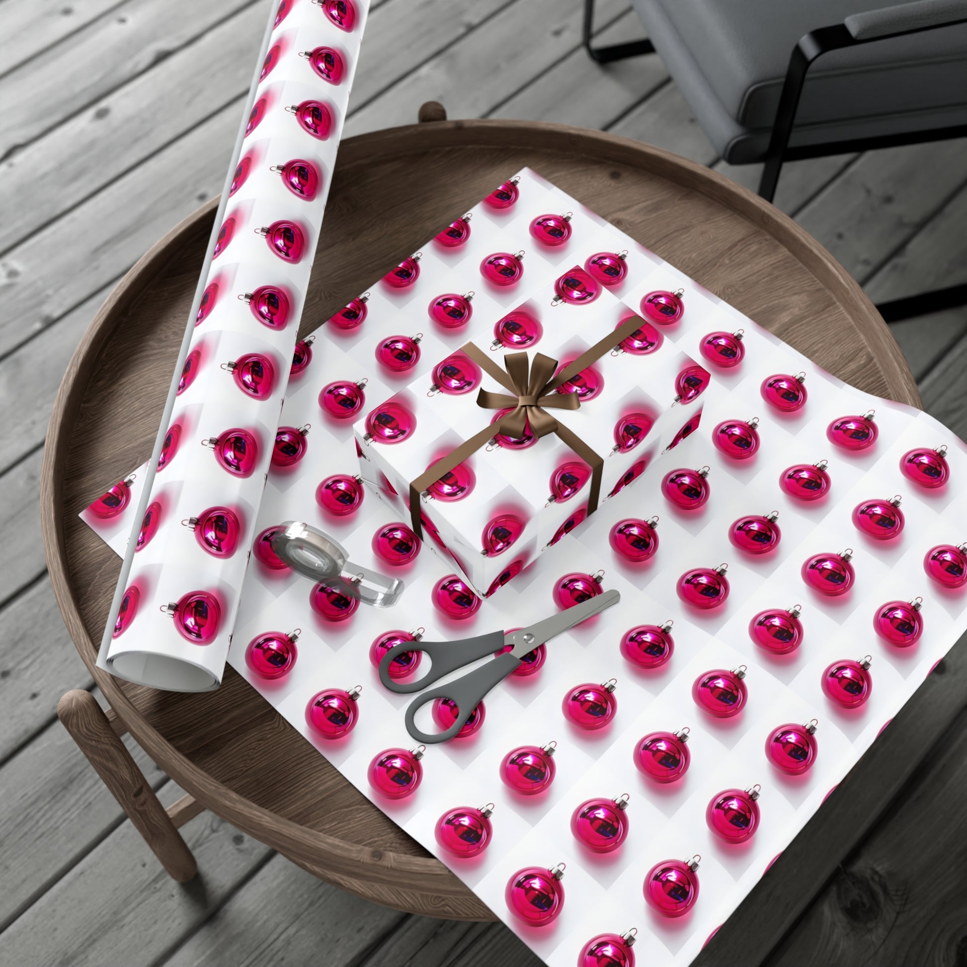 Wrapping Paper, Hot Pink Christmas Ornaments On White Background - Gift Wrap Rolls, Eco-Friendly Gift Wrap, Holiday