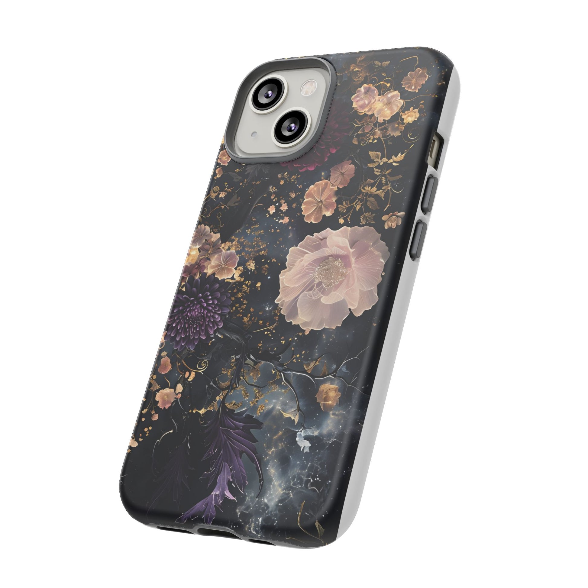 Phone Case, Whimsical Floral Pattern Against Cosmic Nebulous Background. Galaxy, Space, Tough Protective Cover, Unique Gift, Trendy