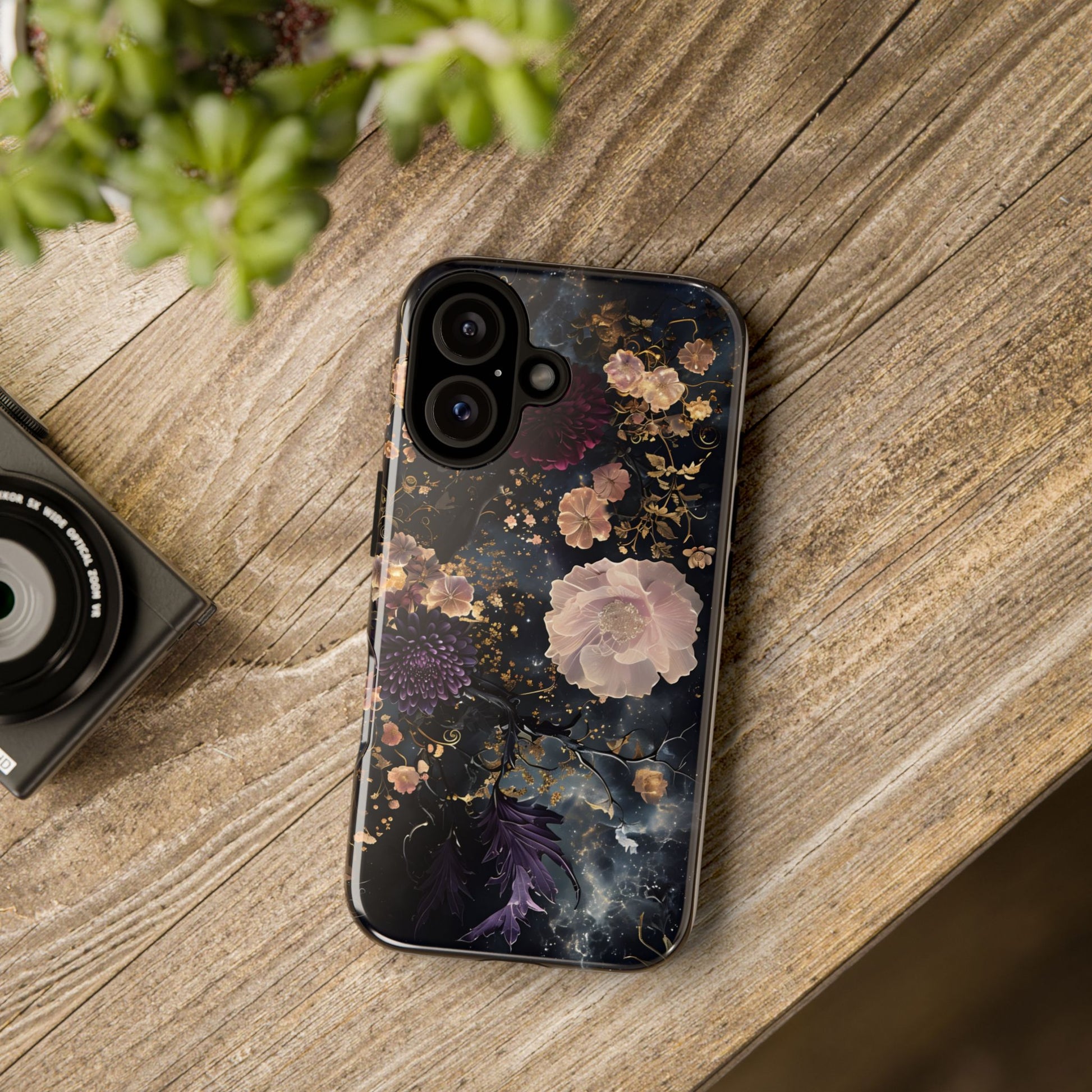 Phone Case, Whimsical Floral Pattern Against Cosmic Nebulous Background. Galaxy, Space, Tough Protective Cover, Unique Gift, Trendy