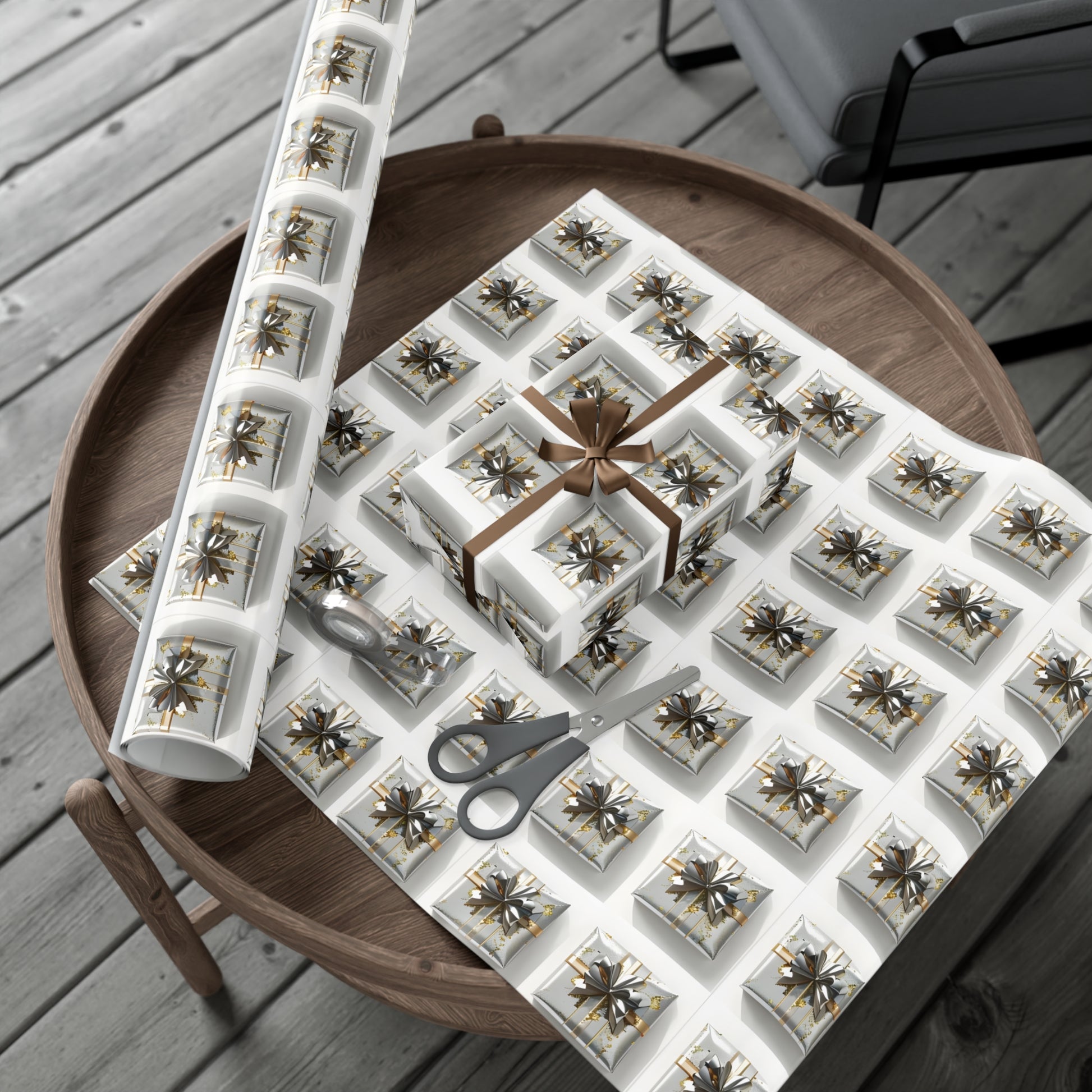 Wrapping Paper, Elegantly Wrapped Gifts On White Background with Silver & Gold Bows - Gift Wrap Rolls, Eco-Friendly Gift Wrap, Holiday