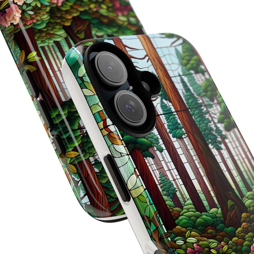 Nature Inspired Tough Cases - Redwood Trees & Rhododendrons Stained Glass iPhone Cover, Protective Phone Shell, Unique Samsung Galaxy Case,