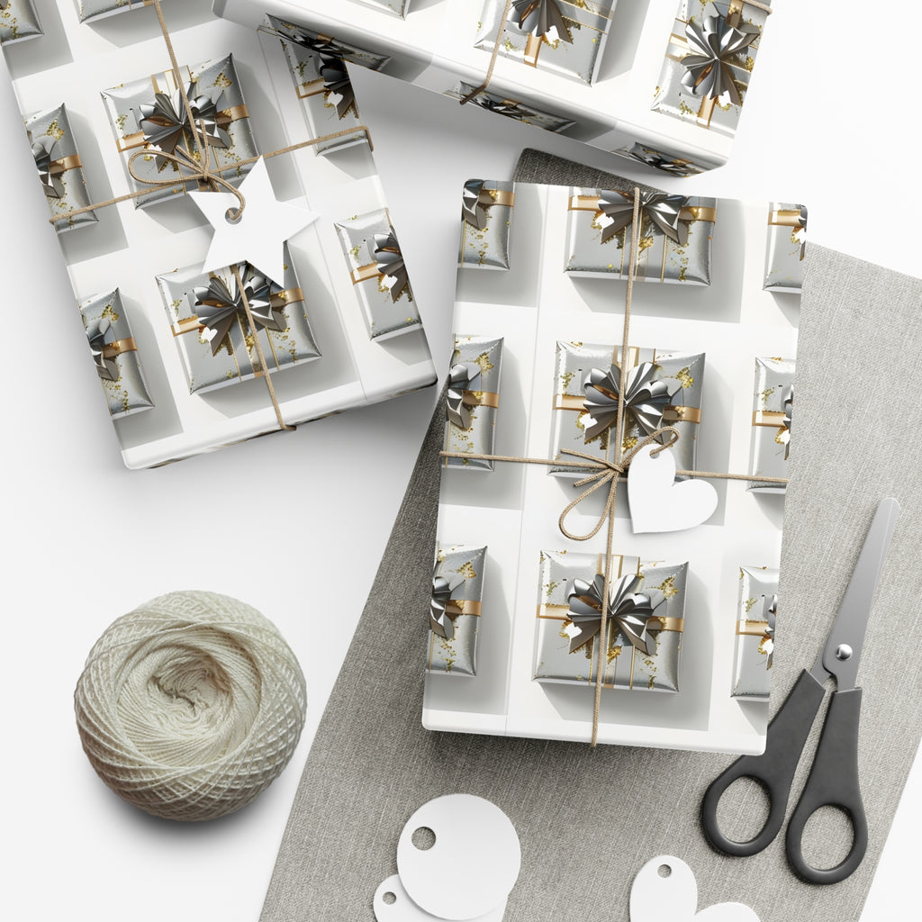 Wrapping Paper, Elegantly Wrapped Gifts On White Background with Silver & Gold Bows - Gift Wrap Rolls, Eco-Friendly Gift Wrap, Holiday