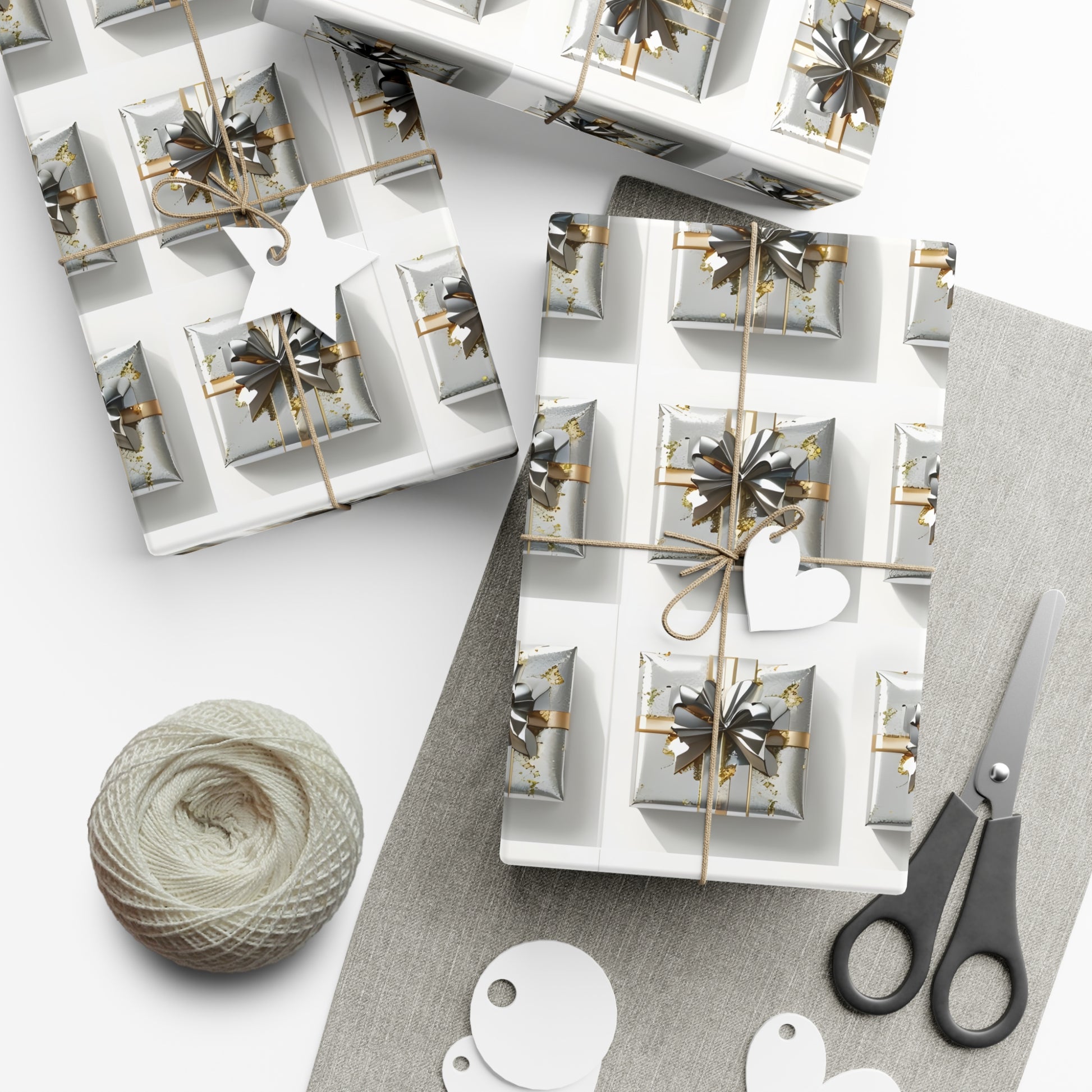 Wrapping Paper, Elegantly Wrapped Gifts On White Background with Silver & Gold Bows - Gift Wrap Rolls, Eco-Friendly Gift Wrap, Holiday