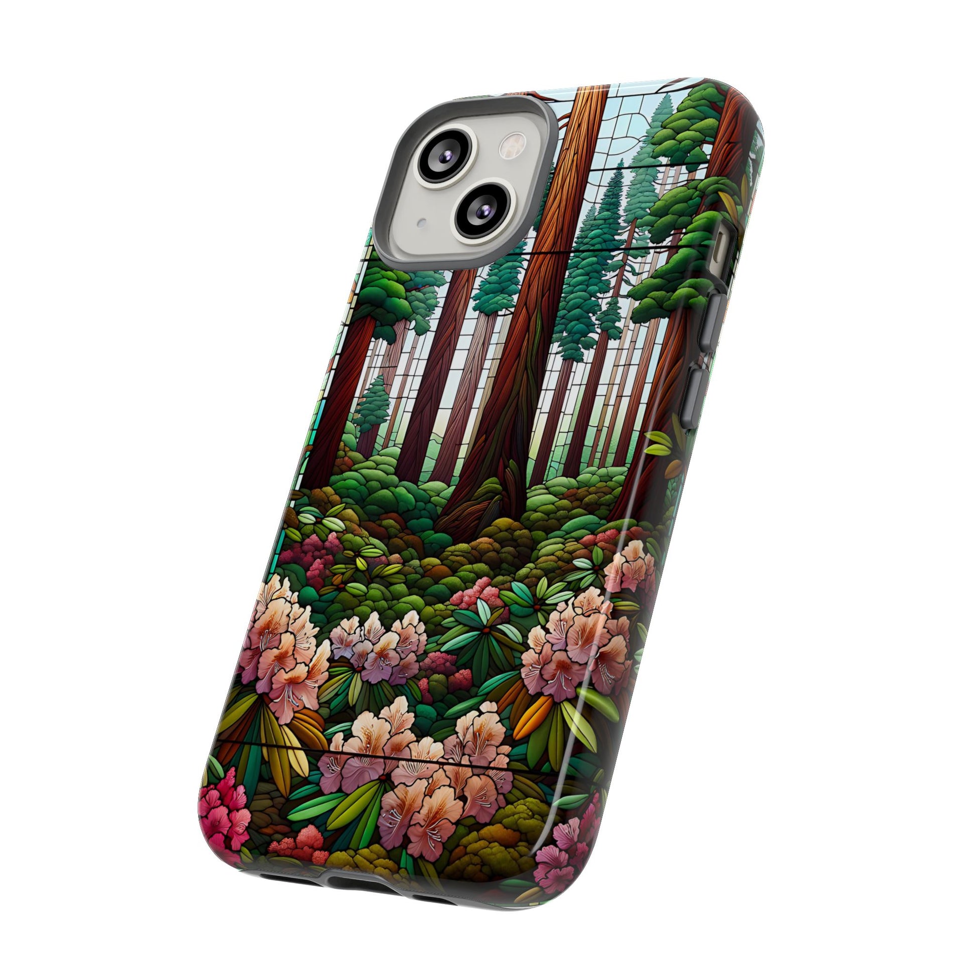 Nature Inspired Tough Cases - Redwood Trees & Rhododendrons Stained Glass iPhone Cover, Protective Phone Shell, Unique Samsung Galaxy Case,
