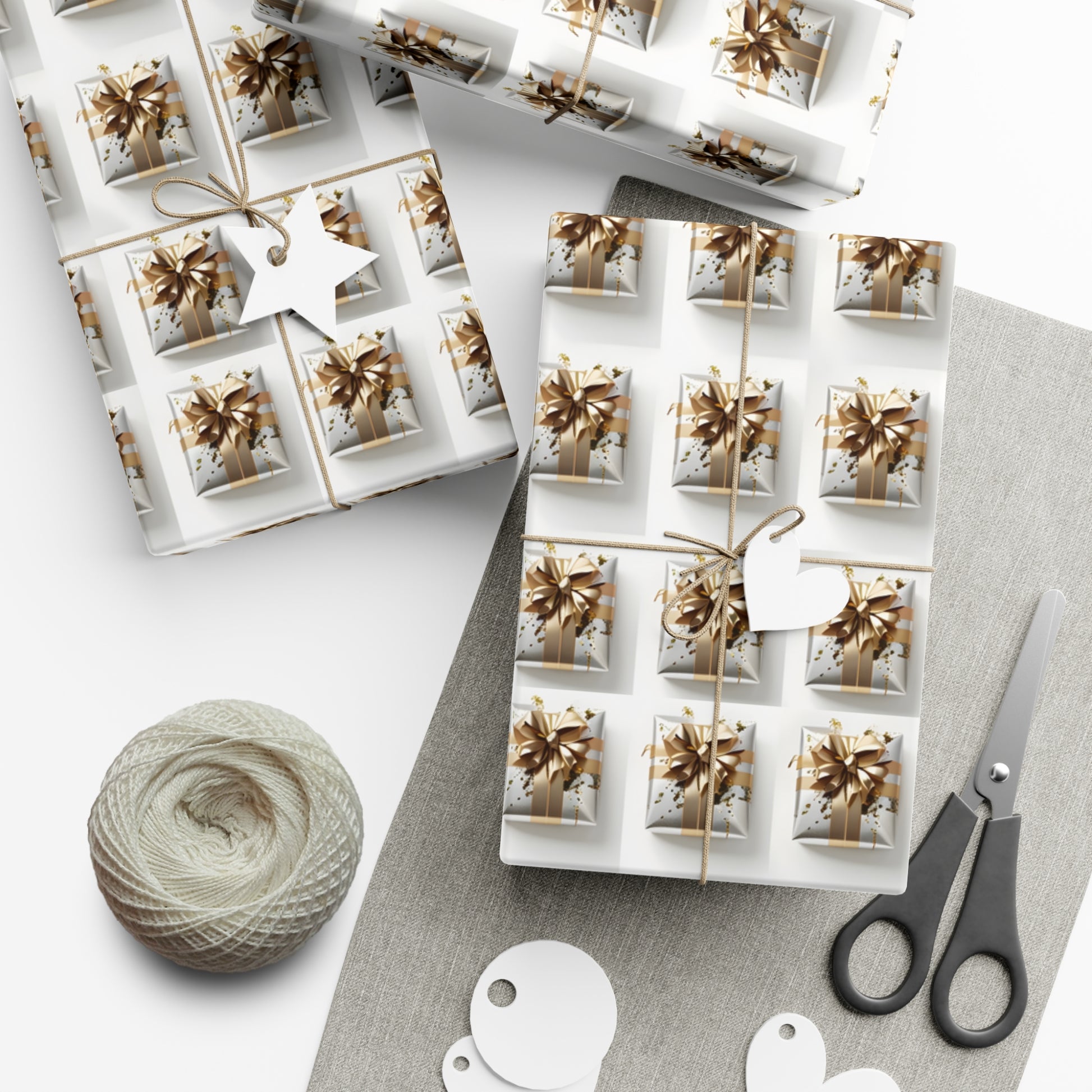 Wrapping Paper, Elegantly Wrapped Gifts On White Background with Gold Bows, Christmas Wrapping, Gift Packaging, Festive Decor, Holiday Gift