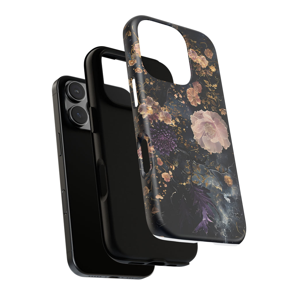 Phone Case, Whimsical Floral Pattern Against Cosmic Nebulous Background. Galaxy, Space, Tough Protective Cover, Unique Gift, Trendy