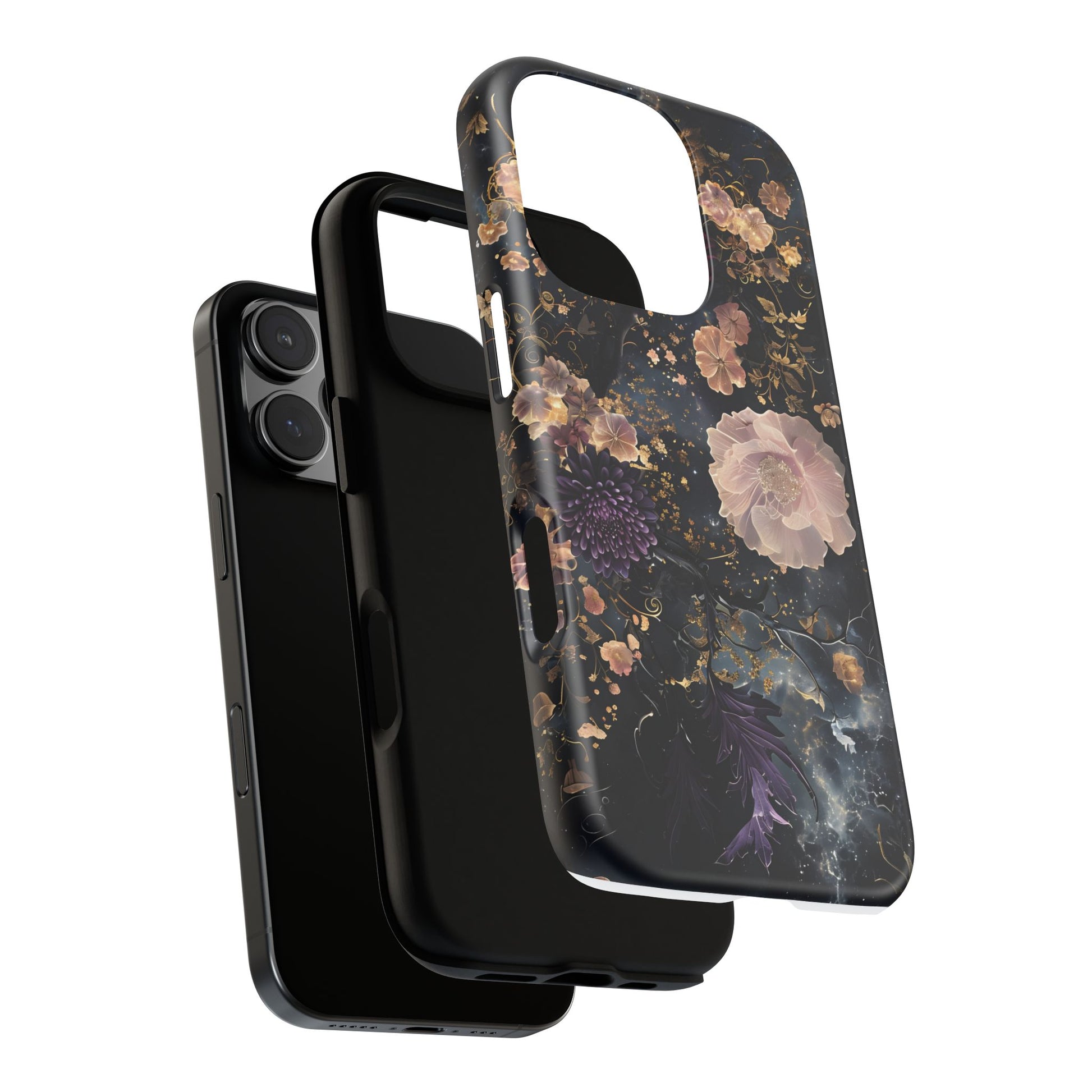 Phone Case, Whimsical Floral Pattern Against Cosmic Nebulous Background. Galaxy, Space, Tough Protective Cover, Unique Gift, Trendy