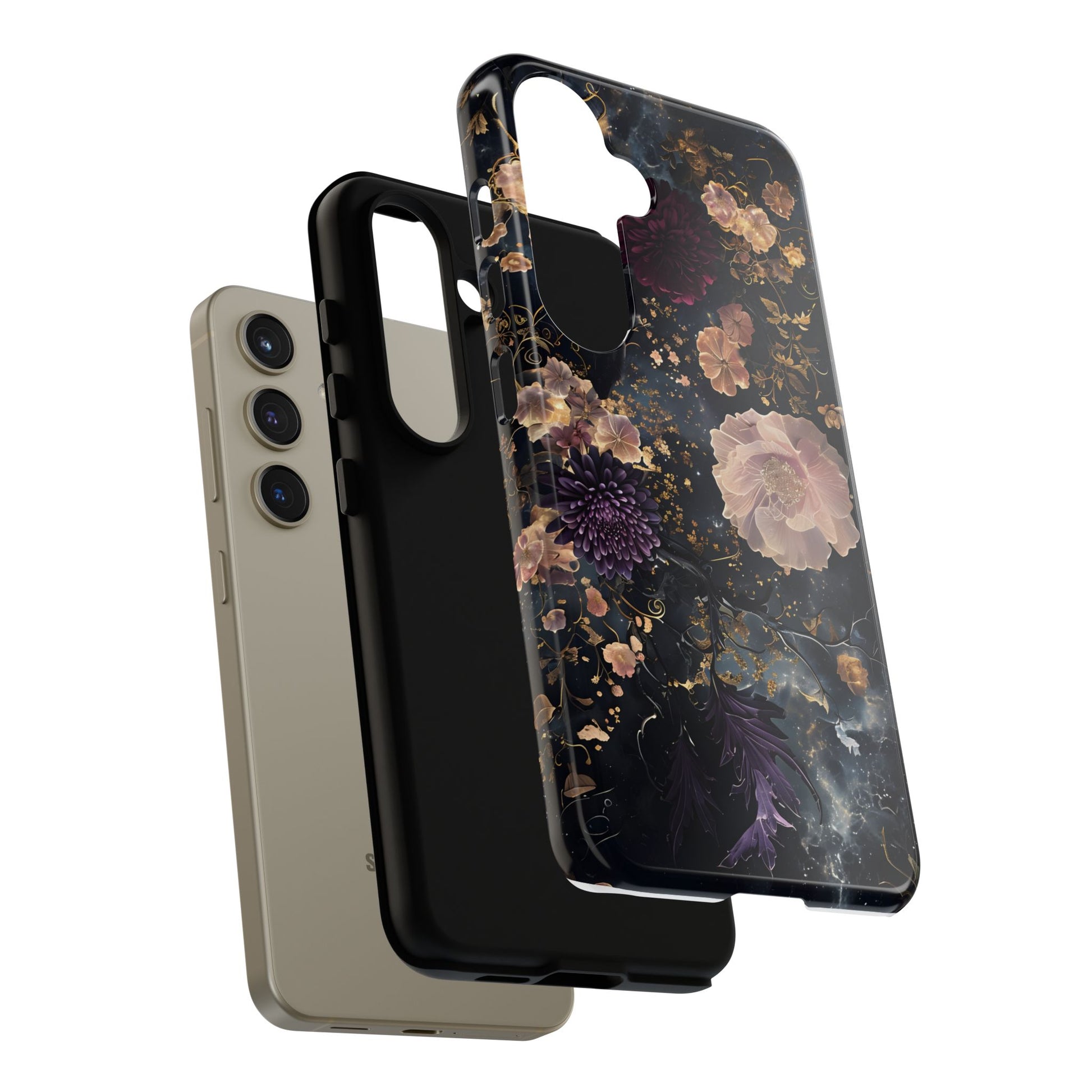 Phone Case, Whimsical Floral Pattern Against Cosmic Nebulous Background. Galaxy, Space, Tough Protective Cover, Unique Gift, Trendy