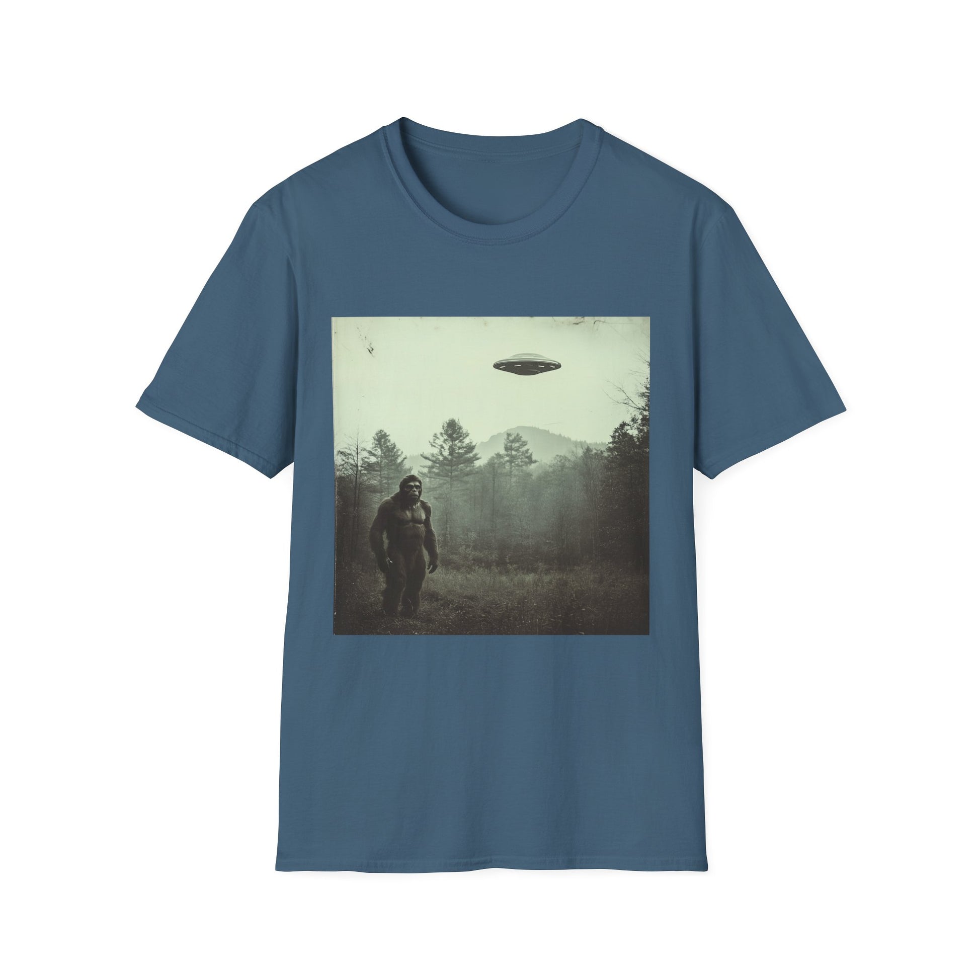 Bigfoot & UFO Unisex T-Shirt, Sasquatch Alien Tee, Cryptid Spaceship Shirt, Extraterrestrial Fantasy Clothing, Funny Yeti Top