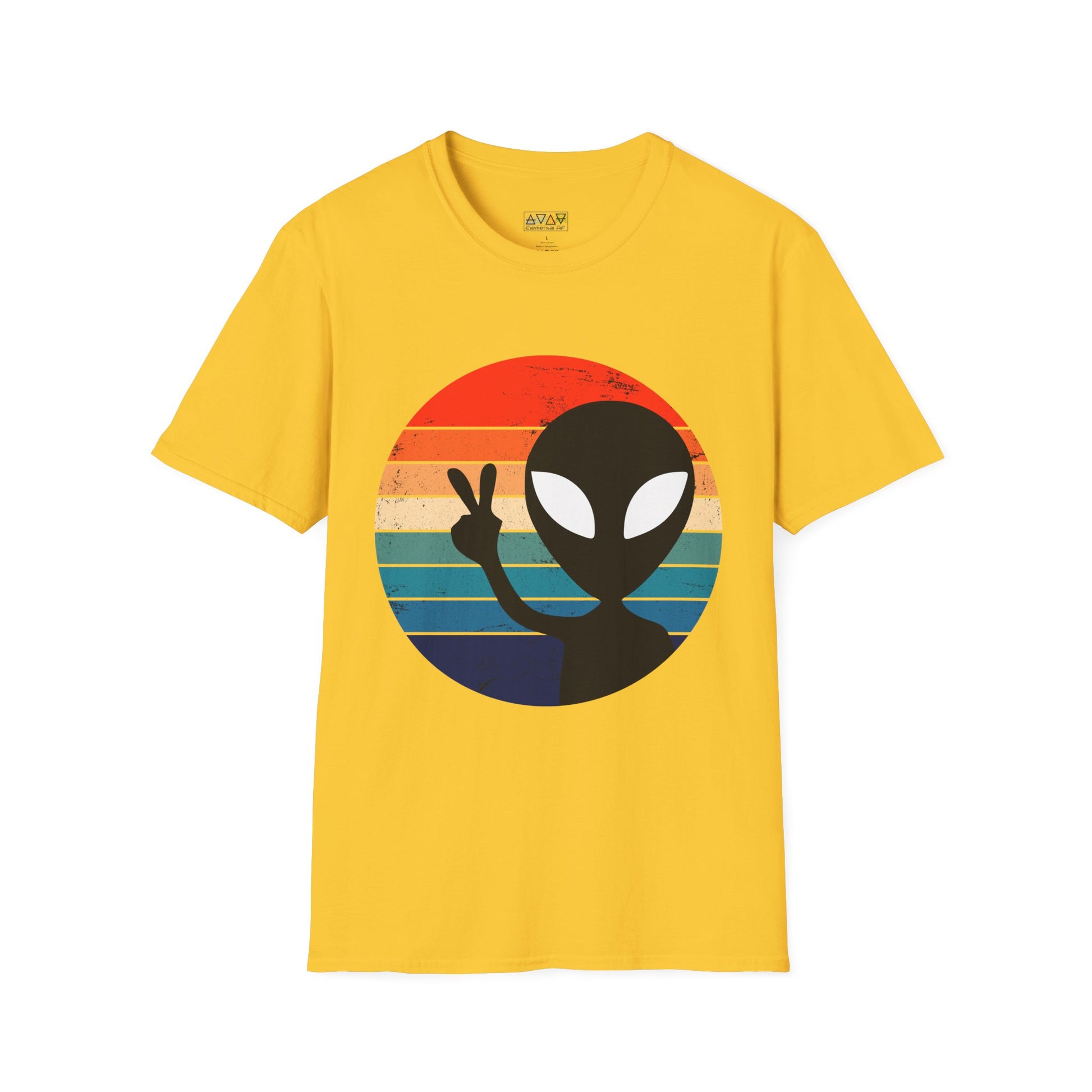 Retro Alien Vibes Unisex Softstyle T-Shirt, Cute Graphic Tee for Casual Wear, Fun Gift for Sci-Fi Lovers, Summer Party Shirt, Peace Sign Tee