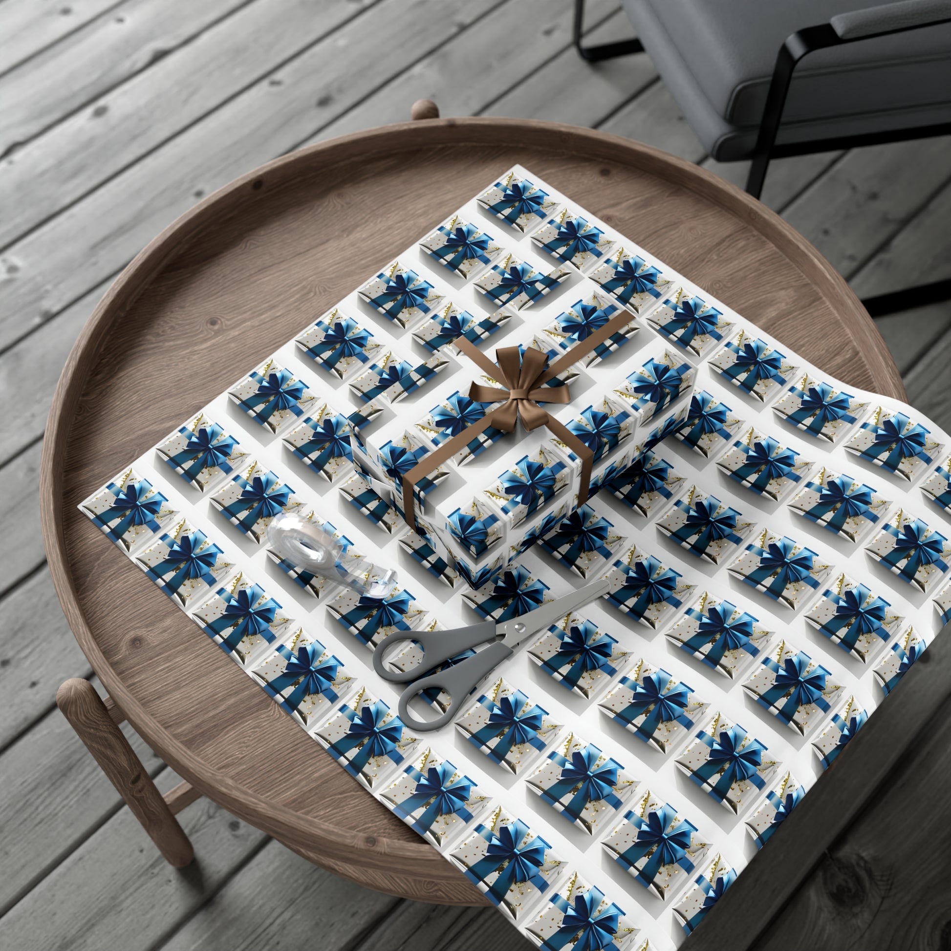 Wrapping Paper, Elegantly Wrapped Gifts On White Background with Blue Bows, Christmas Wrapping, Gift Packaging, Festive Decor, Holiday Gift
