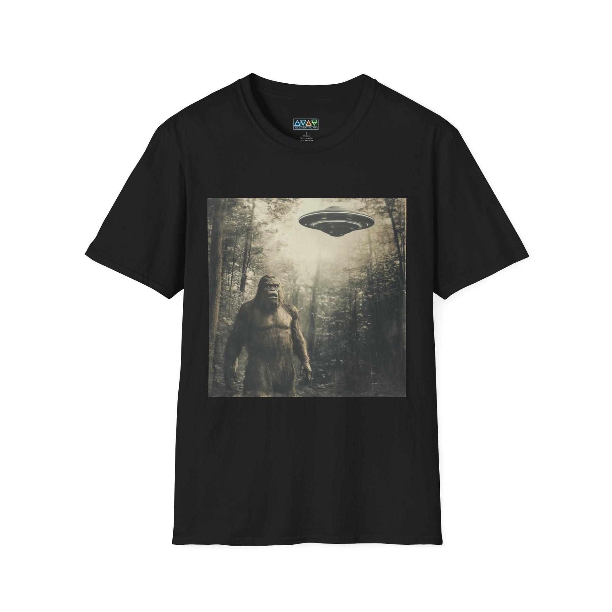 Bigfoot and UFO Unisex T-Shirt, Fun Graphic Tee for Nature Lovers, Quirky Gift for Campers, Outdoor Adventure Apparel