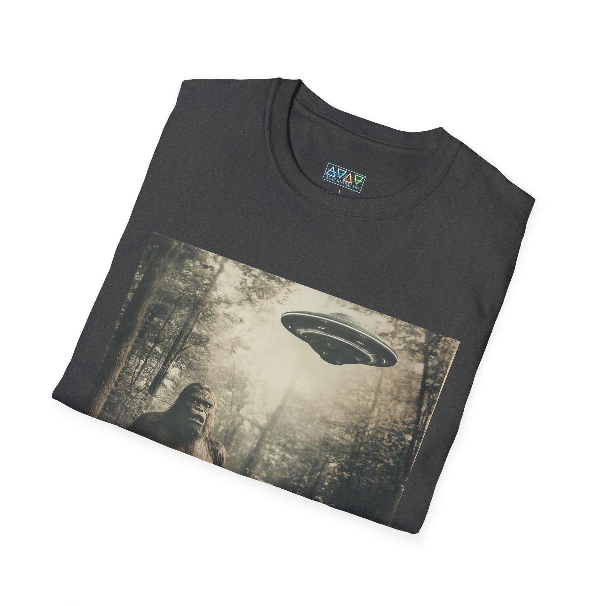 Bigfoot and UFO Unisex T-Shirt, Fun Graphic Tee for Nature Lovers, Quirky Gift for Campers, Outdoor Adventure Apparel