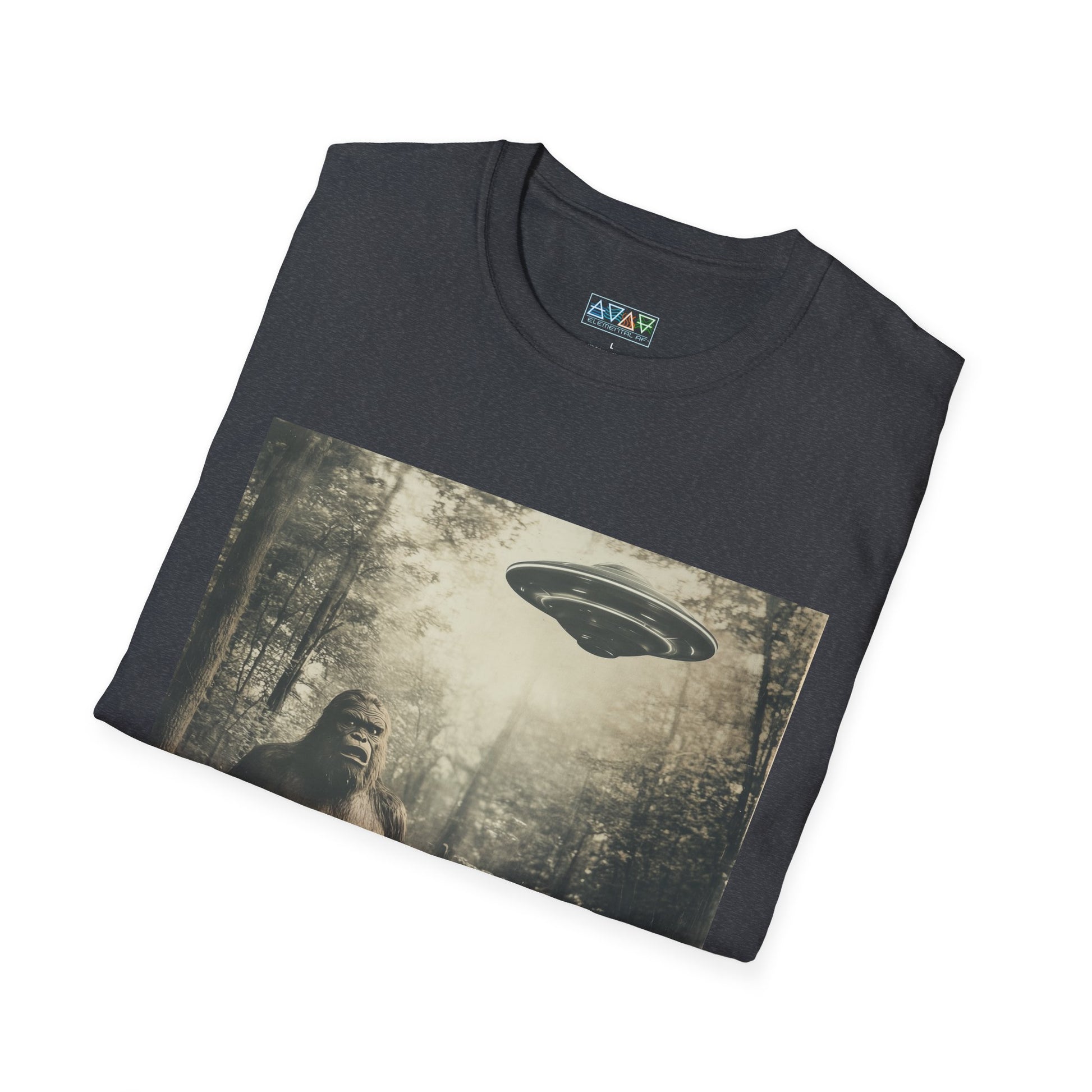 Bigfoot and UFO Unisex T-Shirt, Fun Graphic Tee for Nature Lovers, Quirky Gift for Campers, Outdoor Adventure Apparel