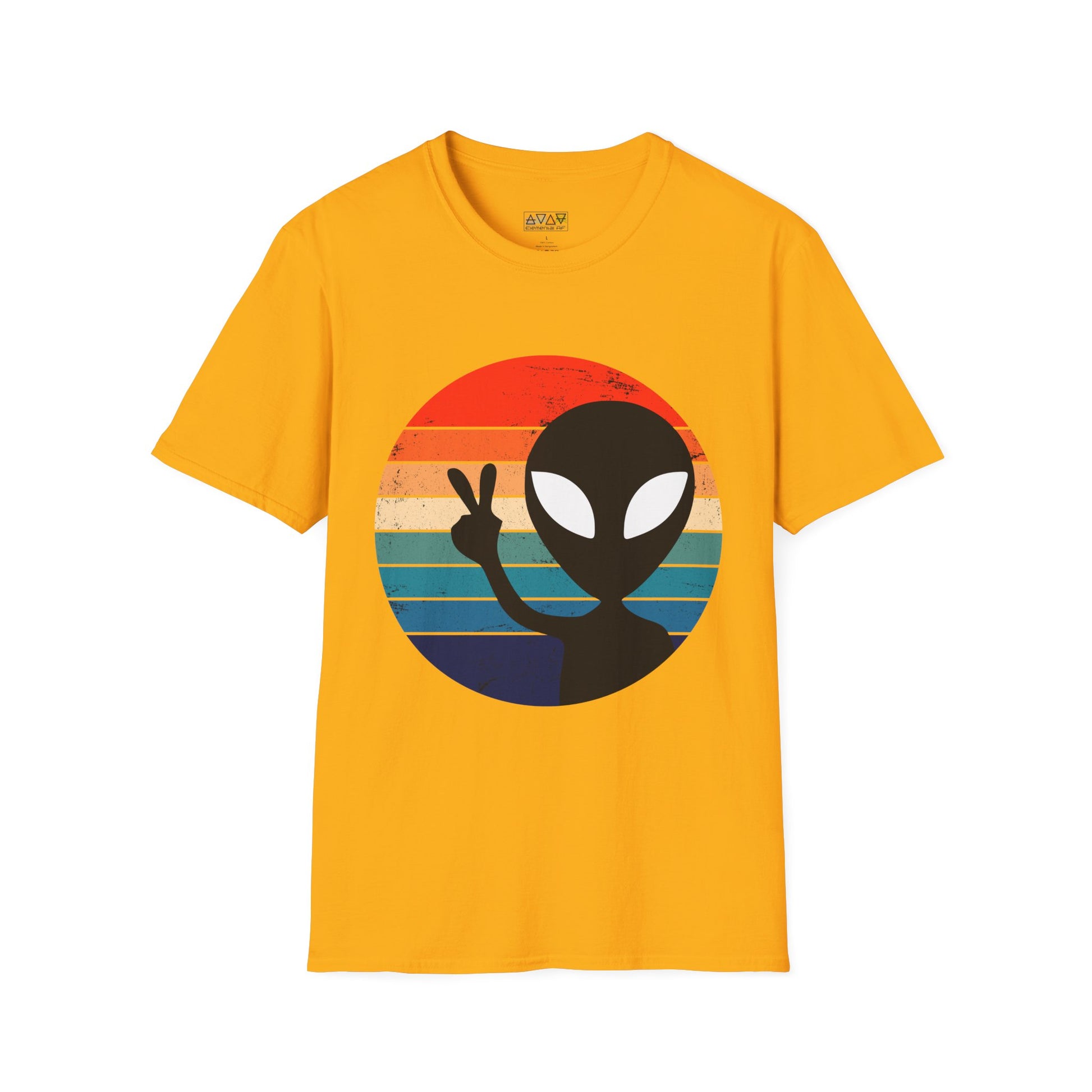 Retro Alien Vibes Unisex Softstyle T-Shirt, Cute Graphic Tee for Casual Wear, Fun Gift for Sci-Fi Lovers, Summer Party Shirt, Peace Sign Tee