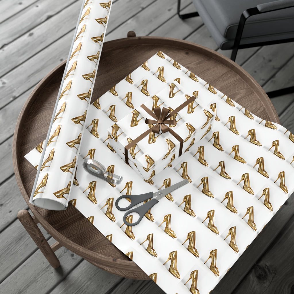 Wrapping Paper, Glimmering Gold High Heels On White Background - Gift Wrap Rolls, Eco-Friendly Gift Wrap, Holiday