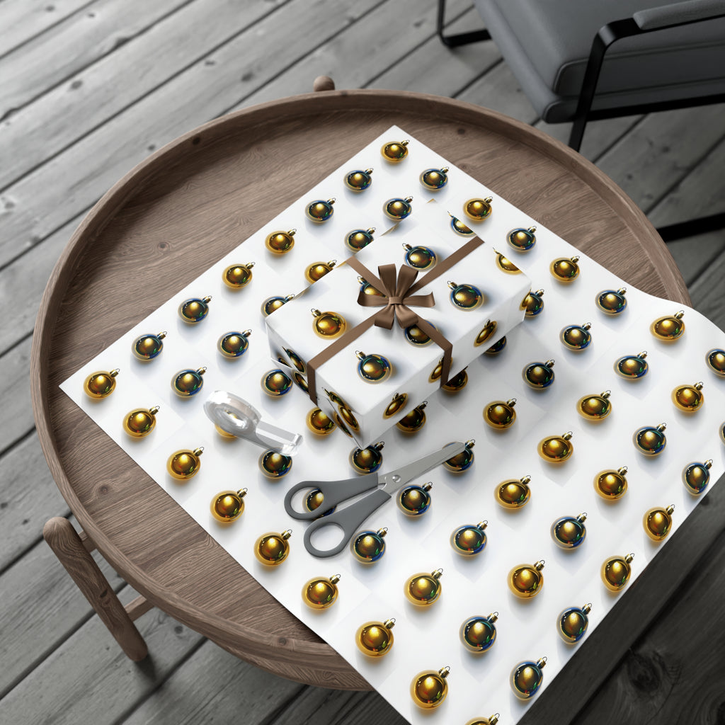 Wrapping Paper, Gold Christmas Ornaments On White Background - Gift Wrap Rolls, Eco-Friendly Gift Wrap, Holiday