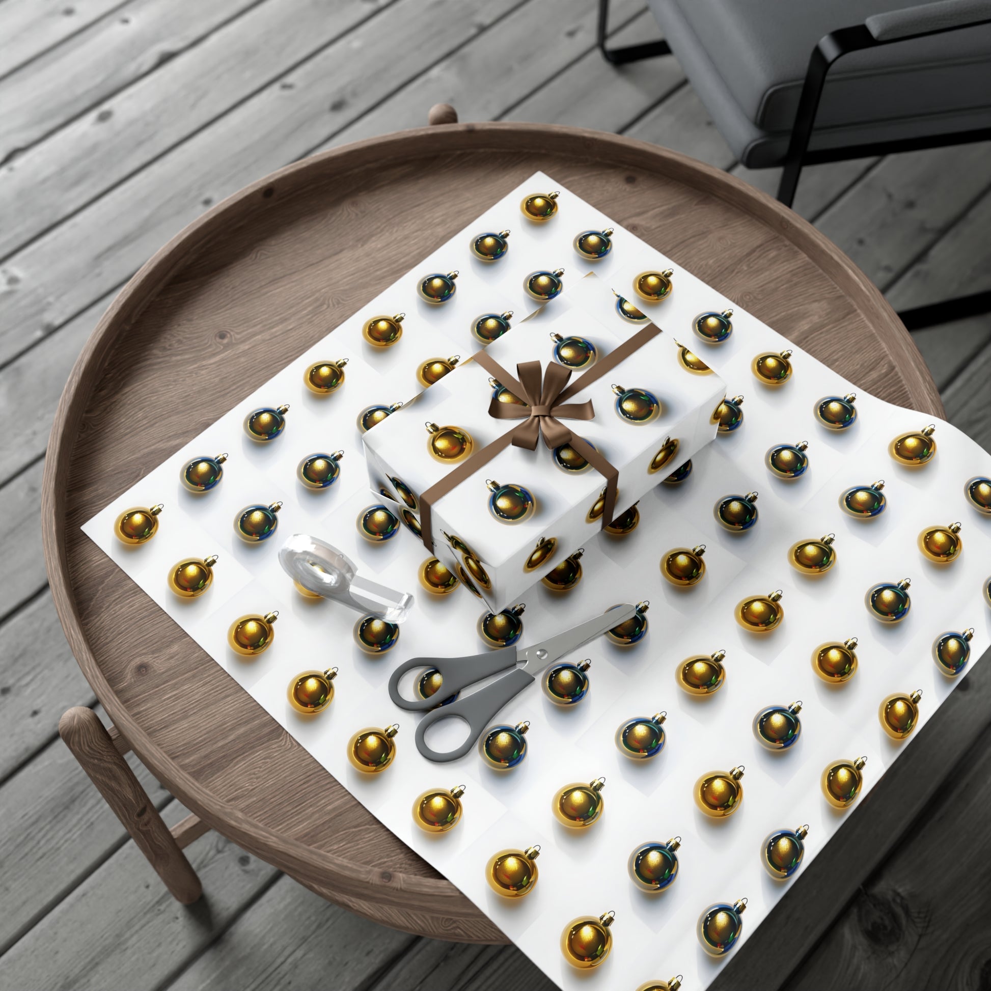 Wrapping Paper, Gold Christmas Ornaments On White Background - Gift Wrap Rolls, Eco-Friendly Gift Wrap, Holiday