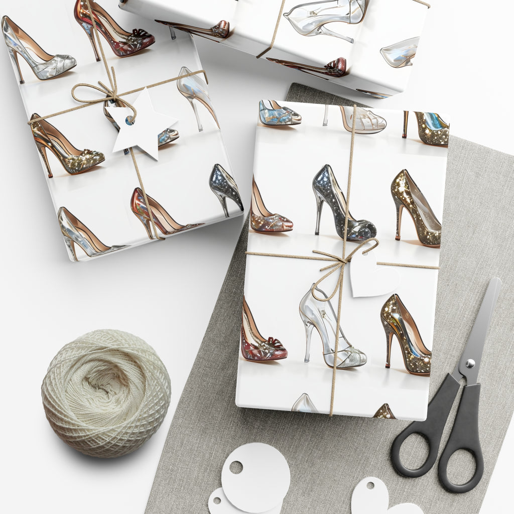 Wrapping Paper, Glittering Glass High Heels On White Background - Gift Wrap Rolls, Eco-Friendly Gift Wrap, Holiday